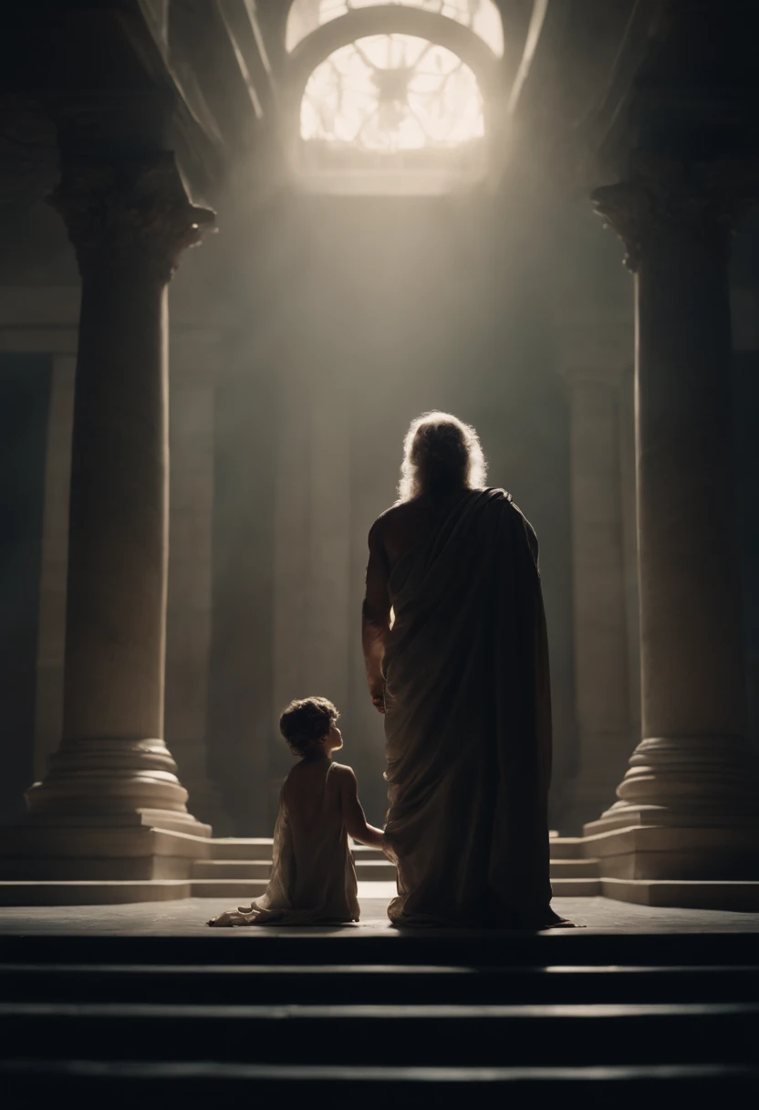 Hyper-realistic photo of the Olympian god Zeus holding a tiny baby,