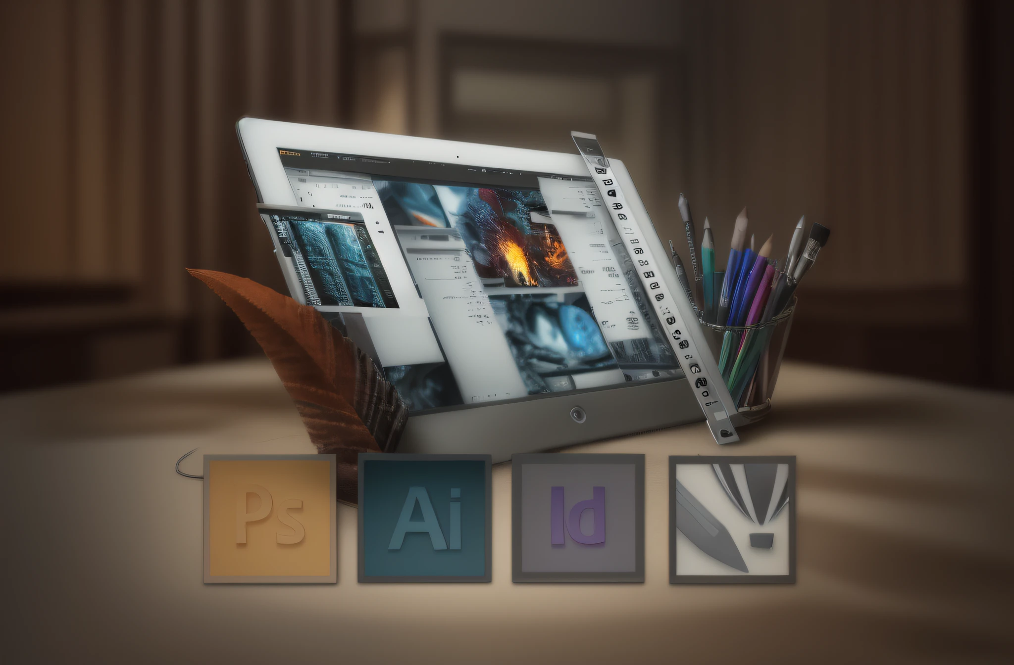 a close up of a tablet computer with a pen and pencils, professional graphic design, adobe photoshop, professional photoshop artwork, adobe - illustrator, logo graphic design, graphic design, '2d graphic design, adobe illustrator, award winning graphic design, digital illustration, web design, professional digital art, adobe illustrator art, stunning graphics, adobe photoshop, high quality, ultra realistic, true colors, RAW photo, cinematic lighting