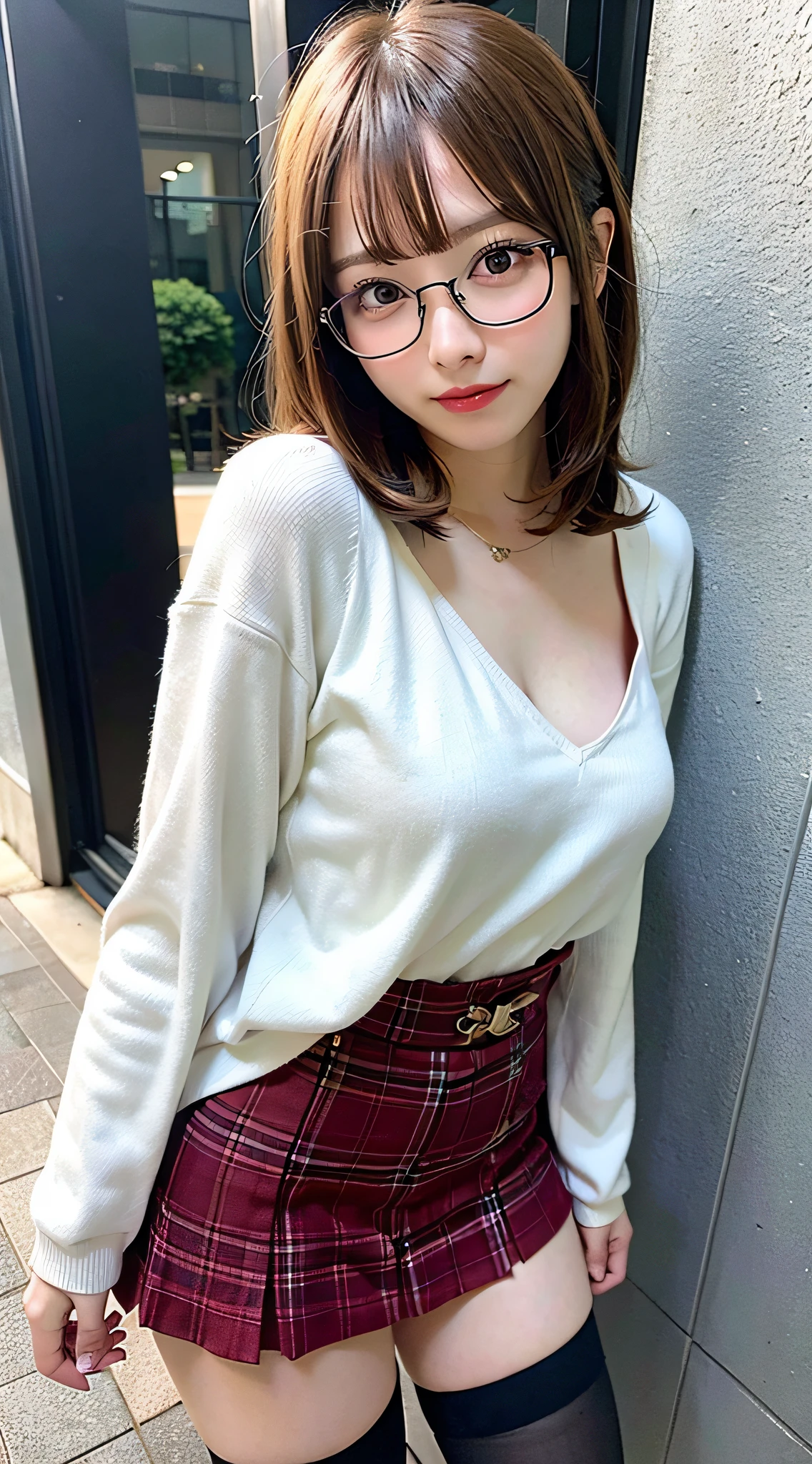 (8K, Raw photo:1.2), Detailed face and eyes,Best Quality, 超A high resolution, Highly detailed ,intricate detailes ,masutepiece ,Cute Girl , Soft cinematic light, Hyper-detailing,Sharp Focus, High quality, Blonde hair, bob cuts, tits out,zettai ryouiki, a miniskirt, panties on, eye glasses, NSFW, Leaning against the wall