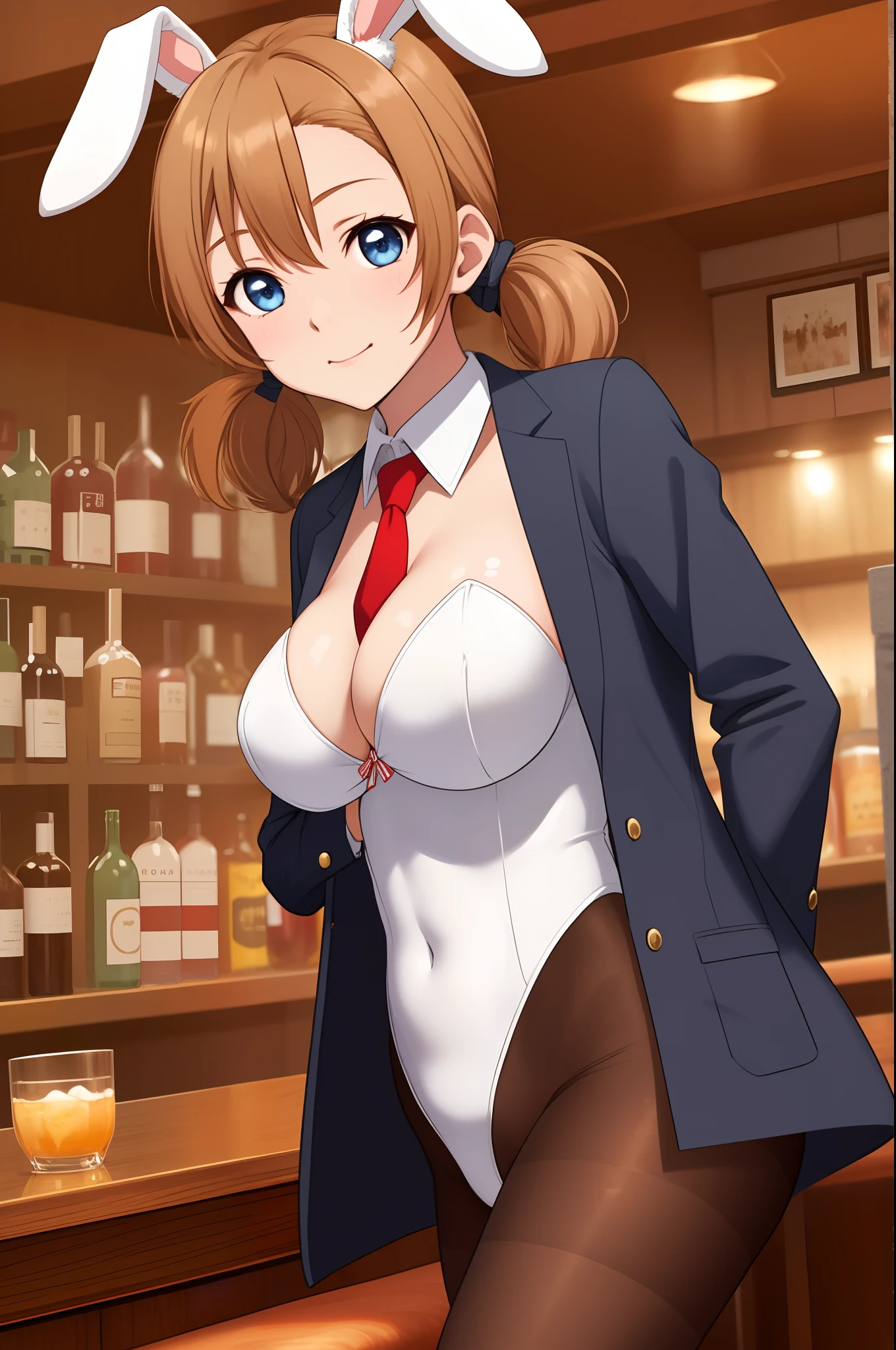Masterpiece,best quality,Kousaka honoka, blue eyes, white shirt, leotard, pantyhose,red necktie, black jacket , breasts,long hair , twintails , rabbit ears,in bar, crossed arms, cleavage open