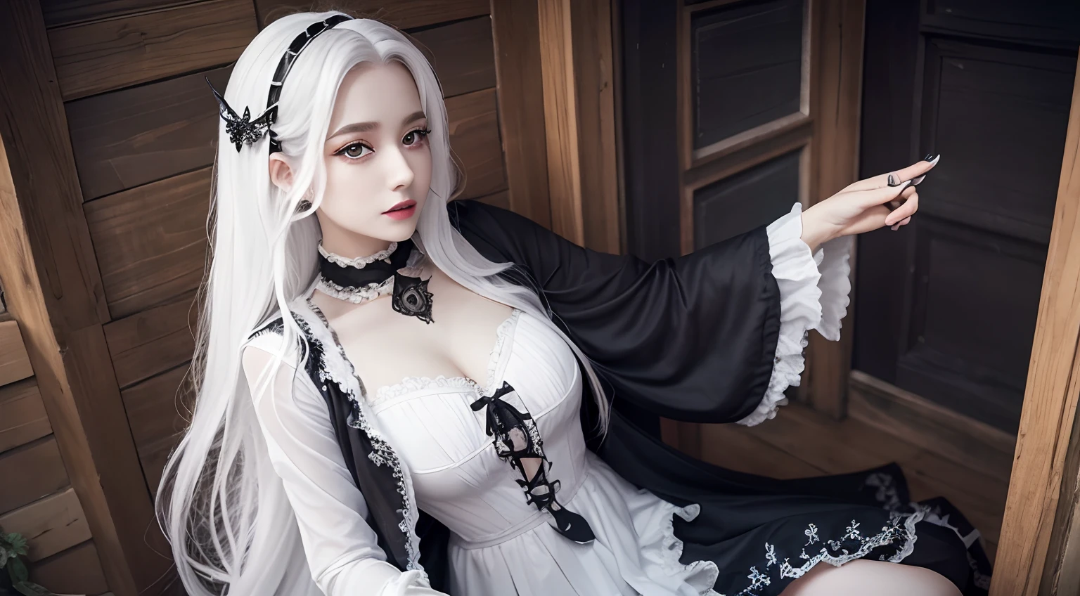 masterpiece, Highest quality, (alone focus), (Perfect Face:1.1), (High detail:1.1),dramatic, 1 person, (Pale skin), Long white hair, White eyes, [Thin eyebrows], alone, Venetian Mask, White luxury suit, Covered navel, Pouting, Covered, Ballroom, Detailed Background, art：artgerm と greg rutkowski,  Cinema Lighting, rose