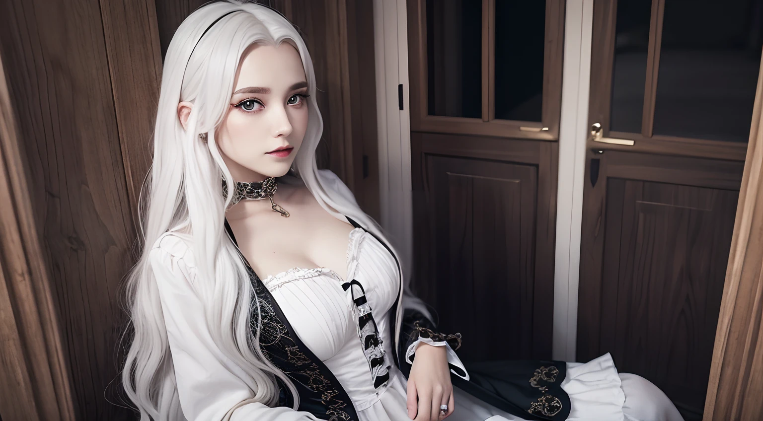 ((Best quality, 8k, Masterpiece :1.3)), A beautiful woman with perfect figure: 1.4, thin abs: 1.3, white lace, ((dark brown hair, medium breasts: 0.8)), silk linen, lying on the bed, wooden medieval bed, In the bedroom: 1.2, highly detailed face and skin texture, blue detailed eyes, double eyelid, white hair, age 26, sexy.