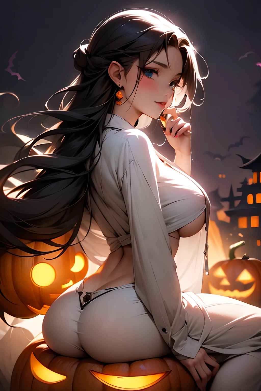 , Cute_Face, Cute eyes, Anime Face, 8K, masutepiece, Big_boobies, (Halloween) Night, Spooky, Vampire bats, Ghost Hunting, Ass, Perfect ass perfect,Hand,Fingers, from a_Behind, (on the lap)