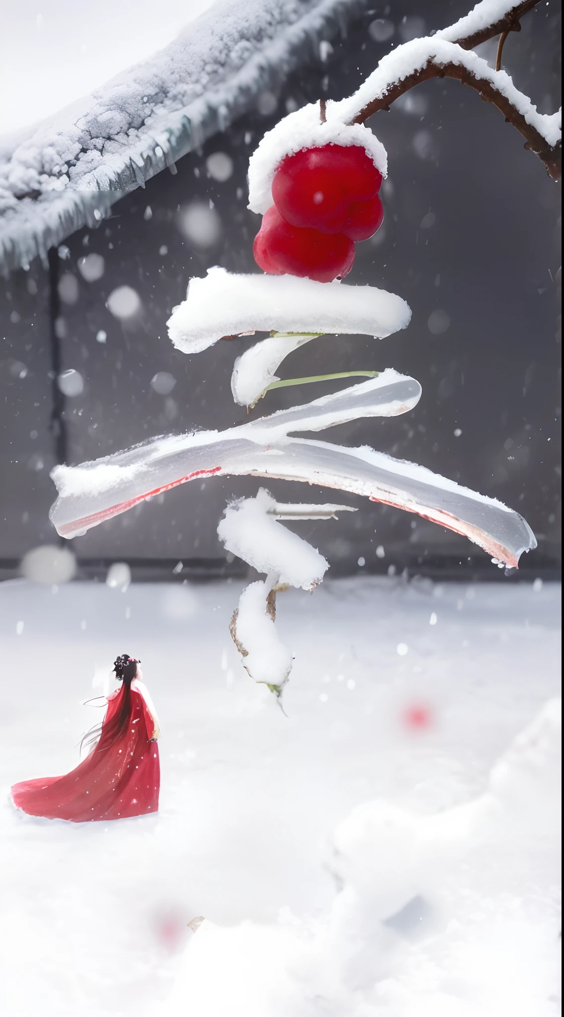 There are berries on the branches,one-girl,There is a red berry on the branch, shadowing,Inspired by Cao Zhibai, inspired by Li Mei-shu, nevando, illustration!, inspired by Zhang Wo, inspired by Cao Buxing, snowstorm ::5, takato yomamoto. 4 k'', Chinese style, inspired by Ma Yuanyu, inspired by Cui Bai
