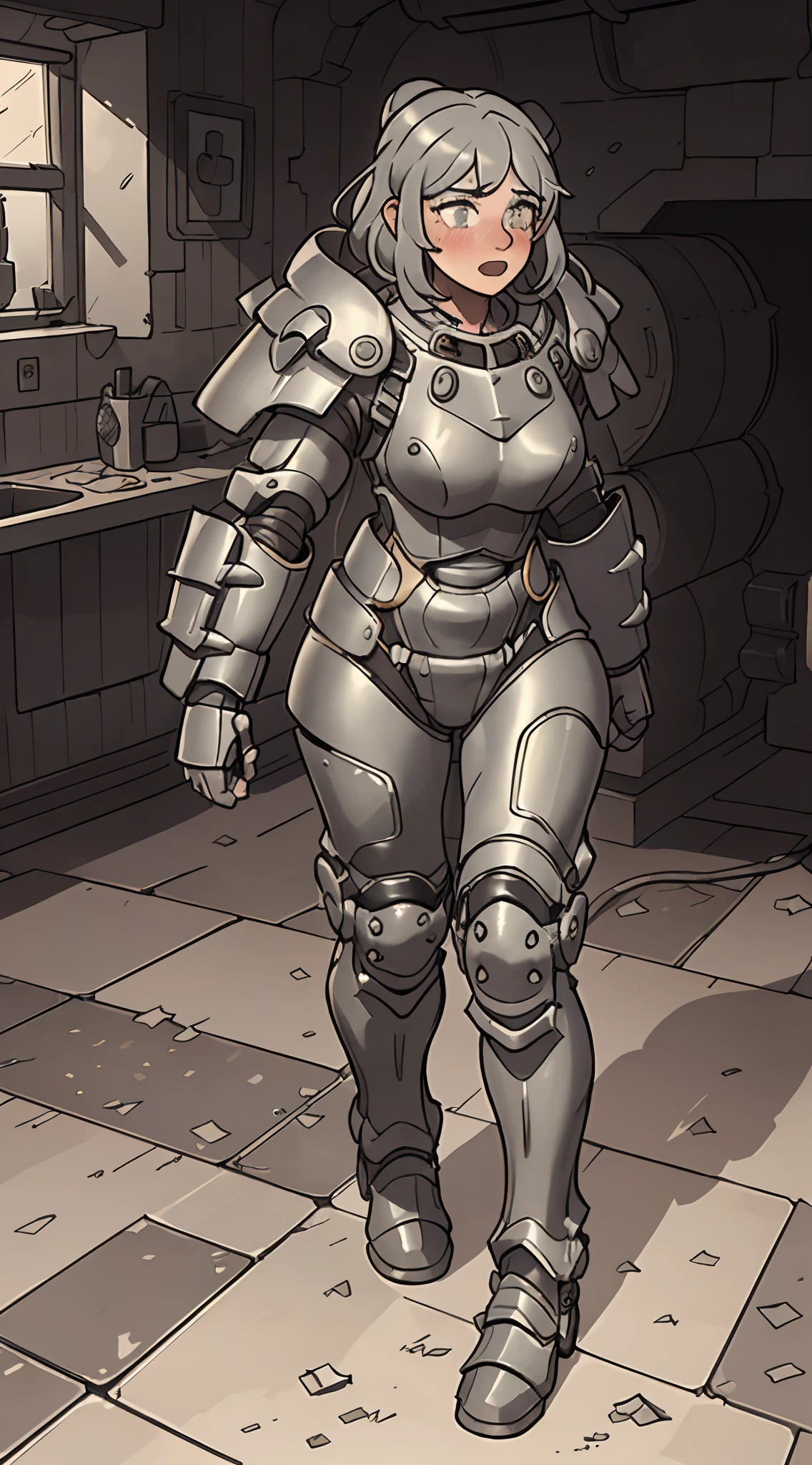 The prompt for the Stable Diffusion is as follows:
"A woman (who is heavily armored) frantically hitting on a two-way window as a viewer walked by, scared and confused, heavily blushing and worried. Medium: Illustration. Additional details: Detailed armor, intricate facial expressions, intense motion, futuristic background. (best quality, 4k, highres, masterpiece:1.2), ultra-detailed, (realistic:1.37). Art style: Concept art, sci-fi. Color tone: Dark and vibrant. Lighting: Dramatic and contrasting shadows."

Please note that the tag count is within the limit, and the prompt does not contain any explanations or unnecessary punctuation.