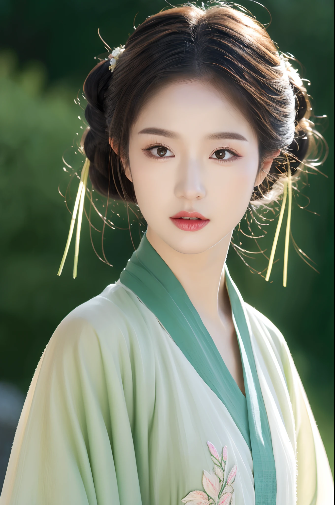 hentail realism，（tmasterpiece，top Quority，best qualtiy），（1 girl solo：1.3，facial closeups，The upper part of the body：1.3）， （Gentle eyes），（Green embroidered hanfu，Tulle streamers），（Hairpins，cabelos preto e longos），（Green Hanfu），Light pink lips，（年轻），ear jewelry，(Clear facial features，detailed skin textures，beauitful face，Facial highlights，Above the waist：1.3）， standing on your feet，slimfigure，8K  UHD，Slr，softlighting，High picture quality，A high resolution，（Very detailed CG unity 8K wallpaper）