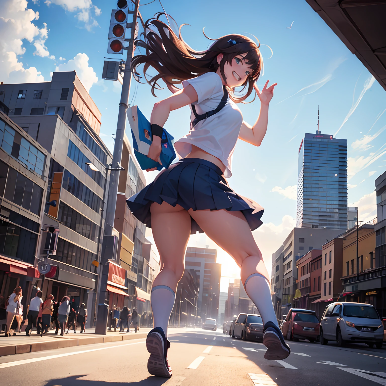 finest image, detailed and delicate depiction, Big character, deformed, A cute high school girl runs with a smile on her face, stomping and destroying the city