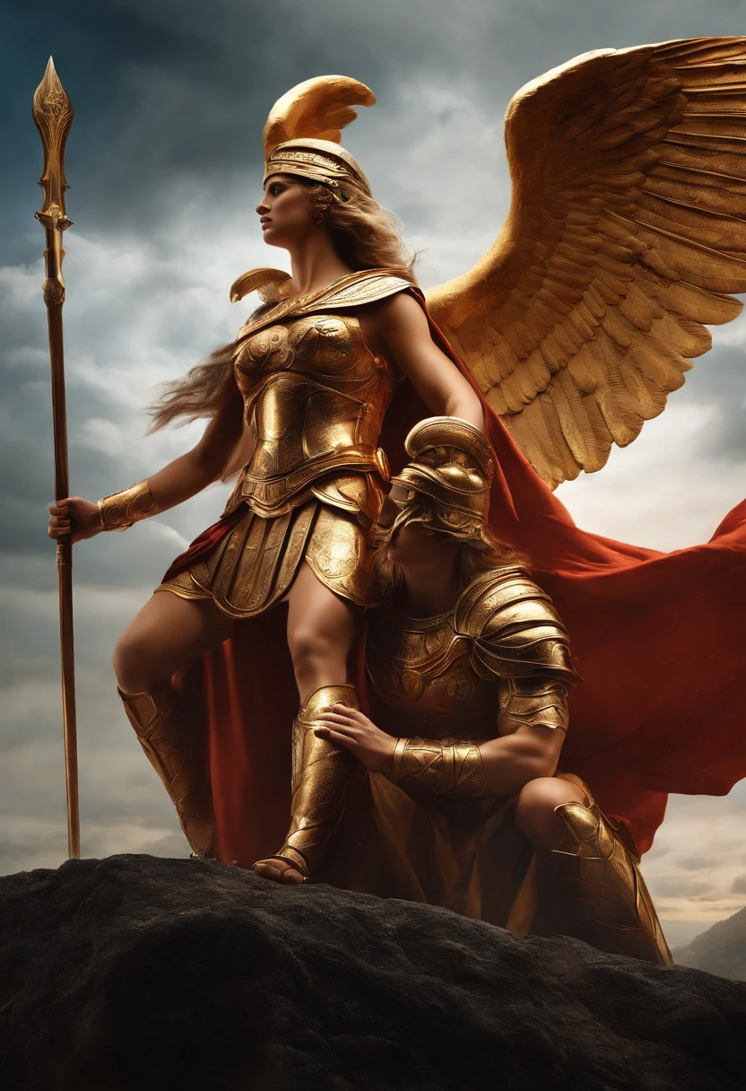 Create a detailed image of Athena in battle with her brother Apollo , no monte olimpo , com uma paisagem em hd ao fundo