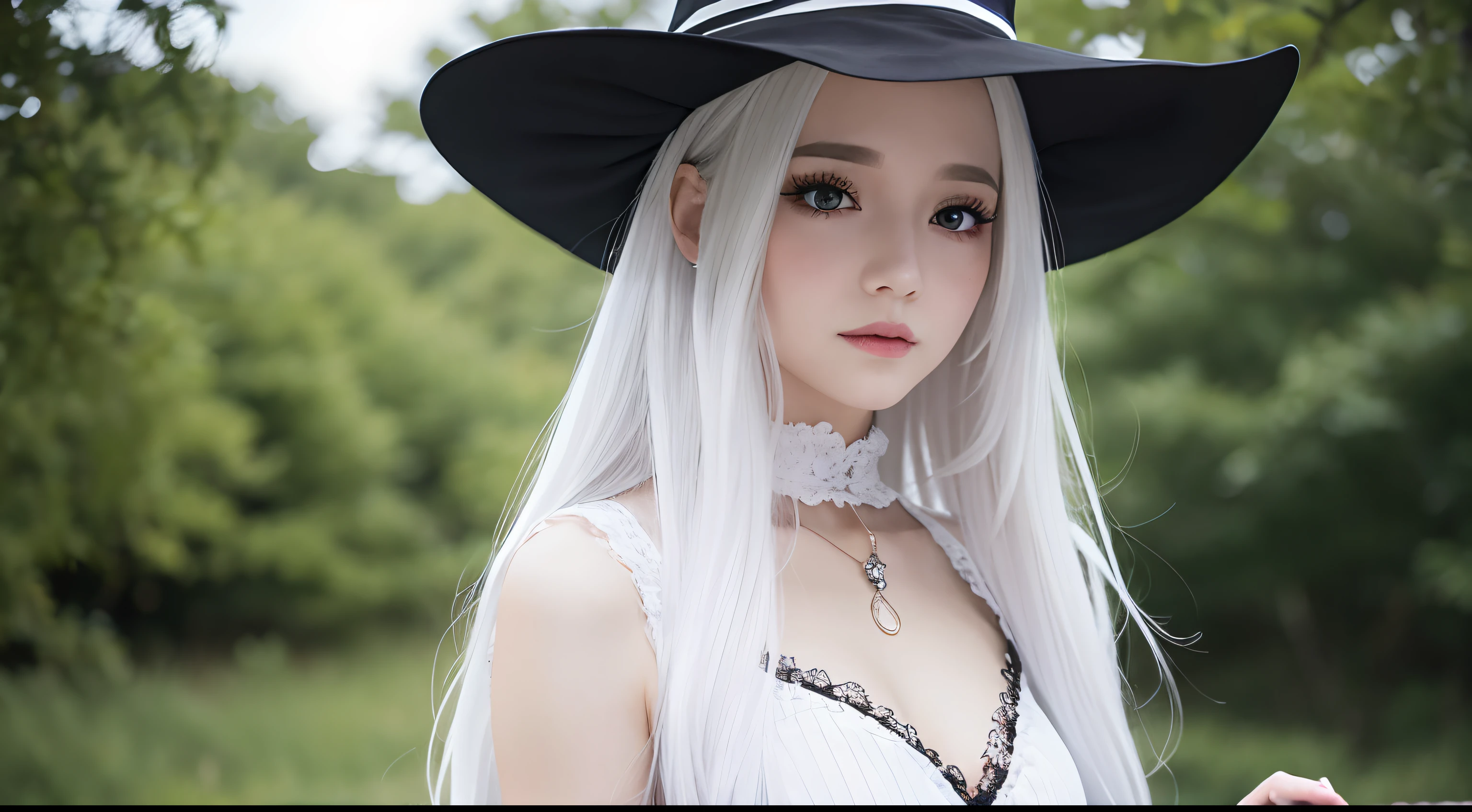 girl, witch, beautiful, witch outfit, white, detailed, white hair,