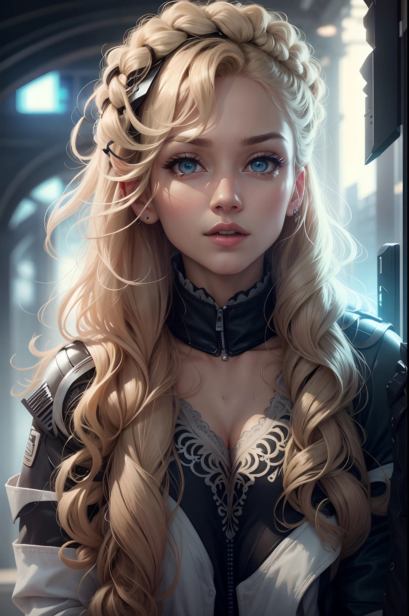 a young monster woman look in a mirror, in the mirror has a other world, war, warrior, sad,