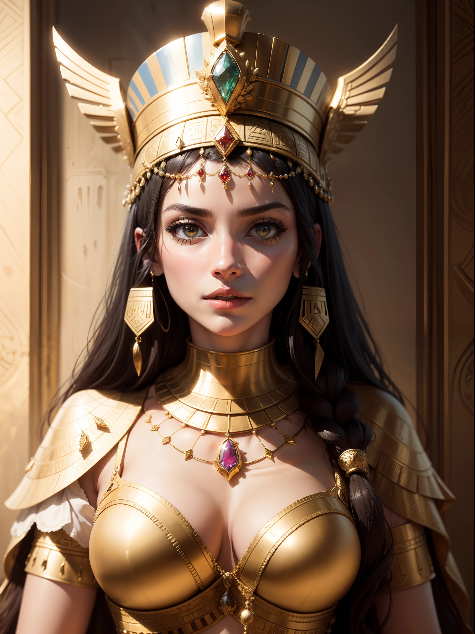 Suitable for the queen's illustration style, Create a majestic portrait of Cleopatra, Egyptian pharaoh, Decorated with ornate gold jewelry. Let her gaze radiate strength and wisdom,Because she wears an intricate headdress,It is set with dazzling gemstones, Her neck is adorned with a lavish gold necklace. Bring the charm of ancient Egypt to life in this palatial depiction,Sit on an ancient Egyptian-style throne