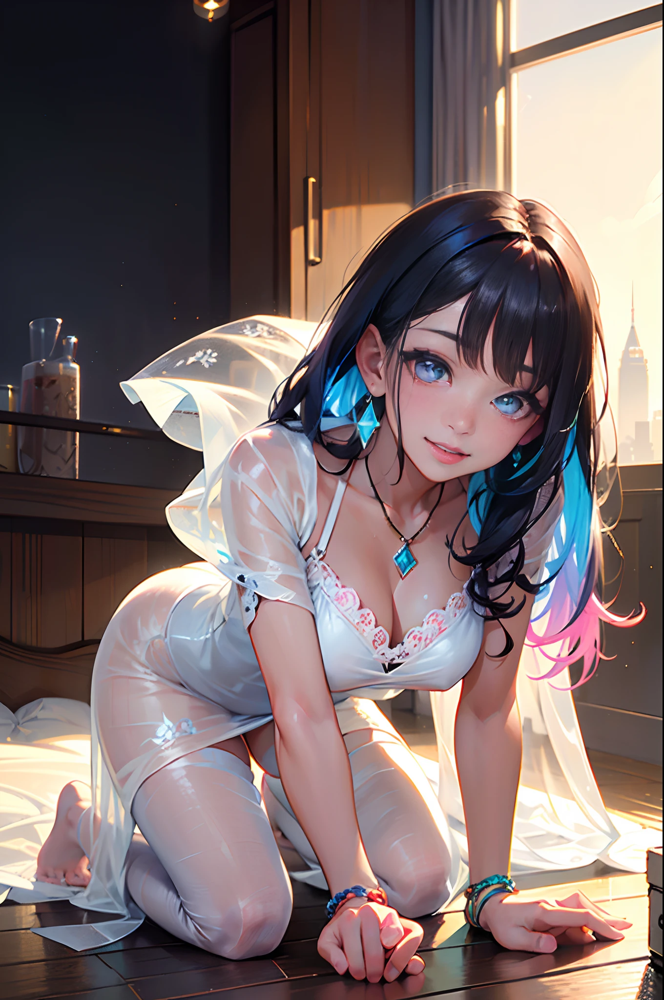 (mutiple girls:1.3),(two girls:1.4,kneeling),8k, masterpiece, RAW photograph:1.4, best quality, photorealistic, extremely detailed CG unity 8k wallpaper, Depth of field, Cinematic Light, Lens Flare, Ray tracing, (extremely beautiful face, beautiful lips, beautiful eyes), intricate detail face, ((ultra detailed skin)) 2girls, in the dark, deep shadow, pretty Asian girl, idol, ((looking at viewer)),(big smile:1.3), (cityscape, blurry background), (dim lights, rooftops, veranda), pretty girls, earrings, bracelets, necklace, clear eyes, walking , front shot, (pale skin), faces forward, (big eyes), ((full body shot)), ((silk Laced)), ((see-through colorful embroidery pattern sleep gown:1.3)), (brown hairs) (looking at viewer:1.3), (laced panty), have a sheen , (See through,sleeping gown :1.3,embroidery), veranda