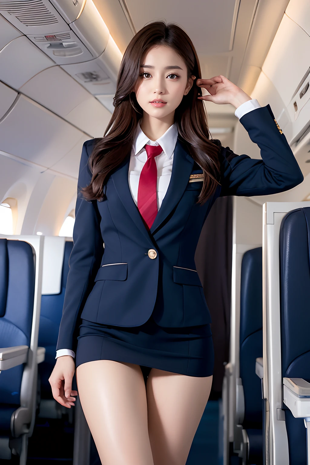 Top Quality, Masterpiece, 8K, Ultra High Definition, (Photorealistic: 1.4), 1 Girl, beautifull face, symmetry eyes, Big, perfect body proportions, Stewardess uniform, The beholder's gaze, (Inside the Airplane: 1.2), Front view, shoulder jump, Absolute area (1.3),