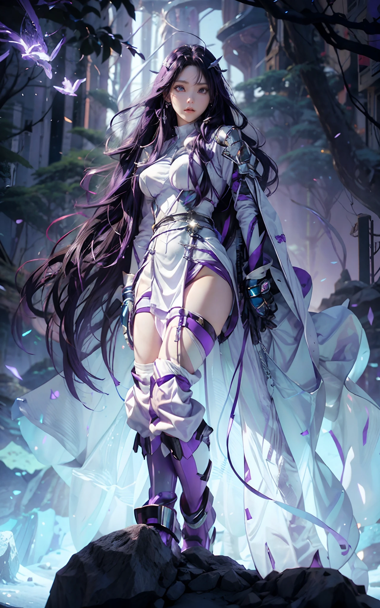 a close up of a person standing on a rock with a purple hair, full body white purple cloak, misato katsuragi, official character art, albedo from the anime overlord, anime style like fate/stay night, main character, jojo anime style, full body purple and white cloak, anime character, official art, female anime character