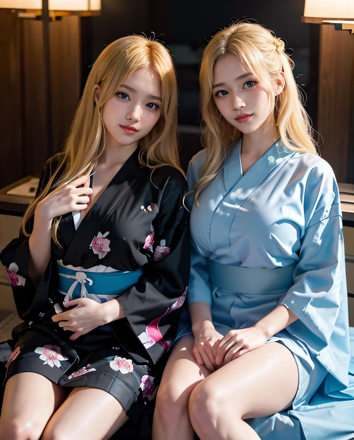 2girl, (Twins), Blue eyes, (smiling), (Sana Minatozaki), wide hips, Big Boobs, big ass, (Best Quality, 8k, Masterpiece: 1.3), perfect hands, Clear Focus: 1.2, Perfect Body Beauty: 1.4 , Slender Abs: 1.2, Highly detailed face and skin texture, detailed eyes, double eyelids, (blonde long hair), (floral black yukata), sitting, (with her twin sister :1.3), in a Japanese ryokan, deep on fiel