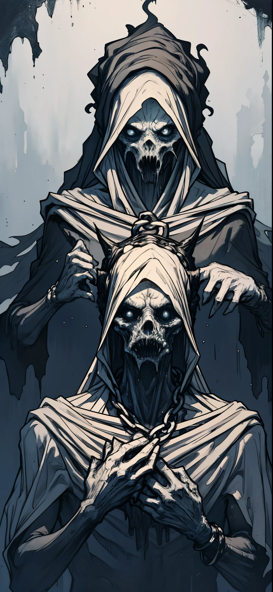 The creature is described as having the appearance of a risotto, But shrouded in a black mist.
The creature's head is composed of this mist and has two distinct eyes, de cor branca e vazios, flutuando dentro dela.
The creature's body resembles a bridal veil, suggesting an ethereal and frightening appearance.
There are chains around the creature's body, Also floating in the air, adicionando um toque sombrio