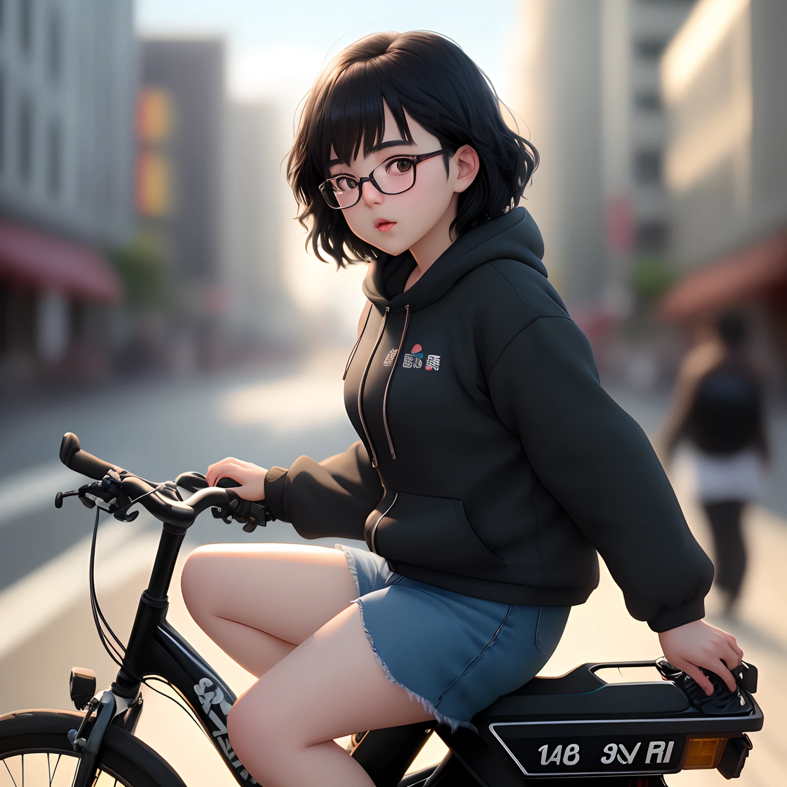 1girl,age 22, anime,short dark hair,dusky hot skin,shiny glasses lenses,mouth closed and expressionless, riding a bike on a city street,(best quality,4k,8k,highres,masterpiece:1.2),ultra-detailed,(realistic,photorealistic,photo-realistic:1.37),vivid colors,dynamic lighting,soft warm tones,blurry background,subtle shadow,artistic anime style
