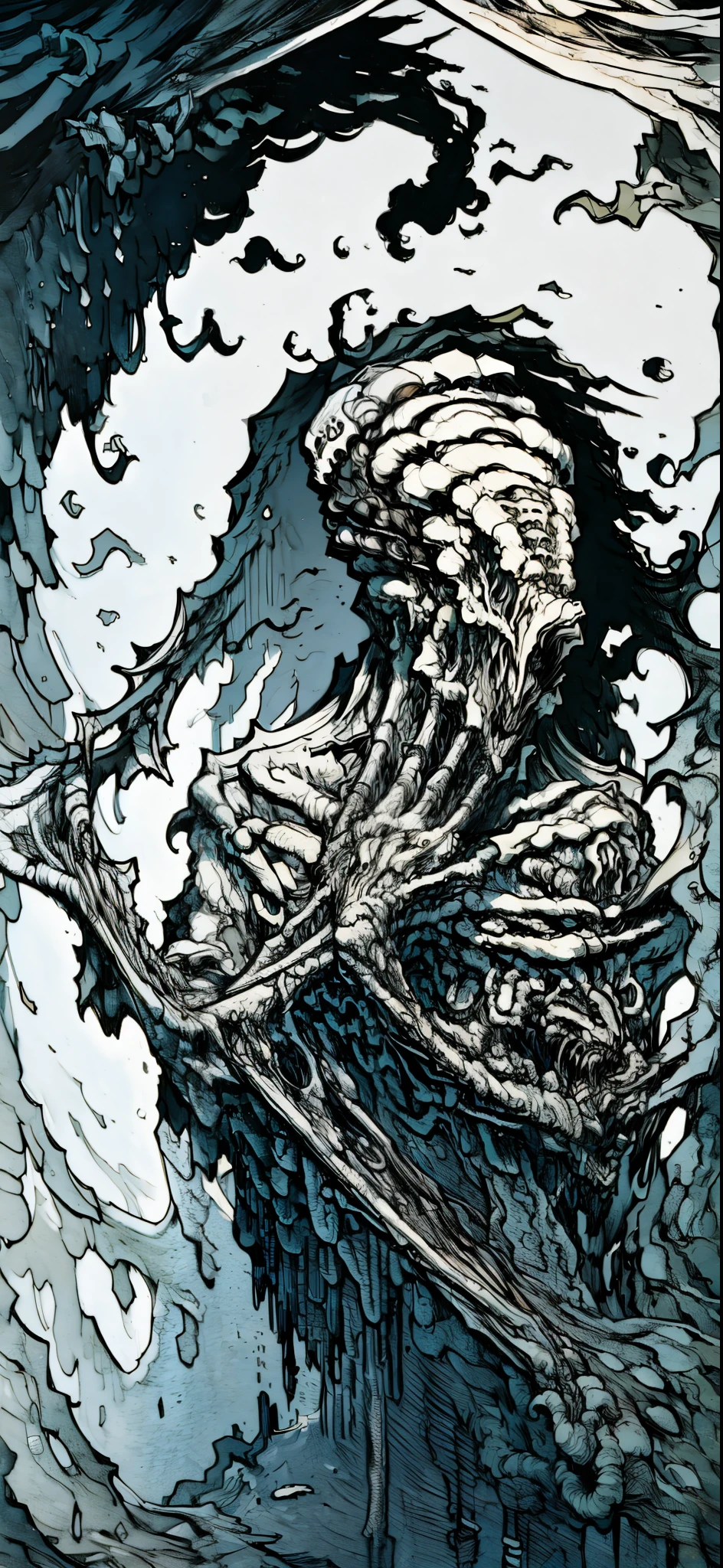 The creature is described as having the appearance of a risotto, But shrouded in a black mist.
The creature's head is composed of this mist and has two distinct eyes, de cor branca e vazios, flutuando dentro dela.
The creature's body resembles a bridal veil, suggesting an ethereal and frightening appearance.
There are chains around the creature's body, Also floating in the air, adicionando um toque sombrio