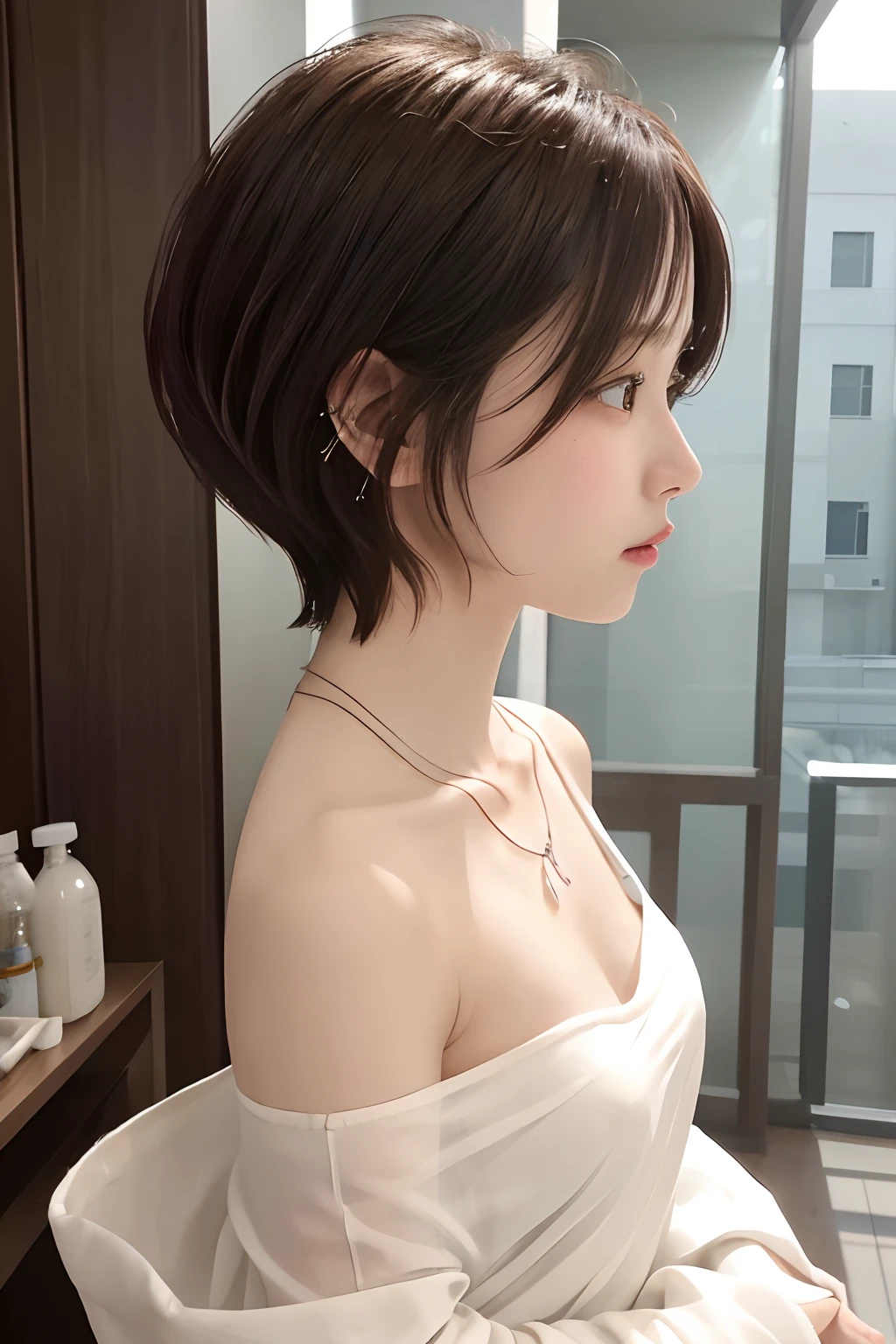 (女の子 1 人)、(top-quality)、(​masterpiece)、(hight resolution)、(intricate-detail)、(Photorealsitic)、(Cinematic Light) 、独奏、piercings、jewely、short-hair、Brown hair、s lips、portlate、profile、(((cute little)))、Female, Attractive woman、Everyone longs for、Transparency、a necklace、shawls、off shoulders、Clothes are pure white、morning、Beauty Salon、(Haircut Models)、