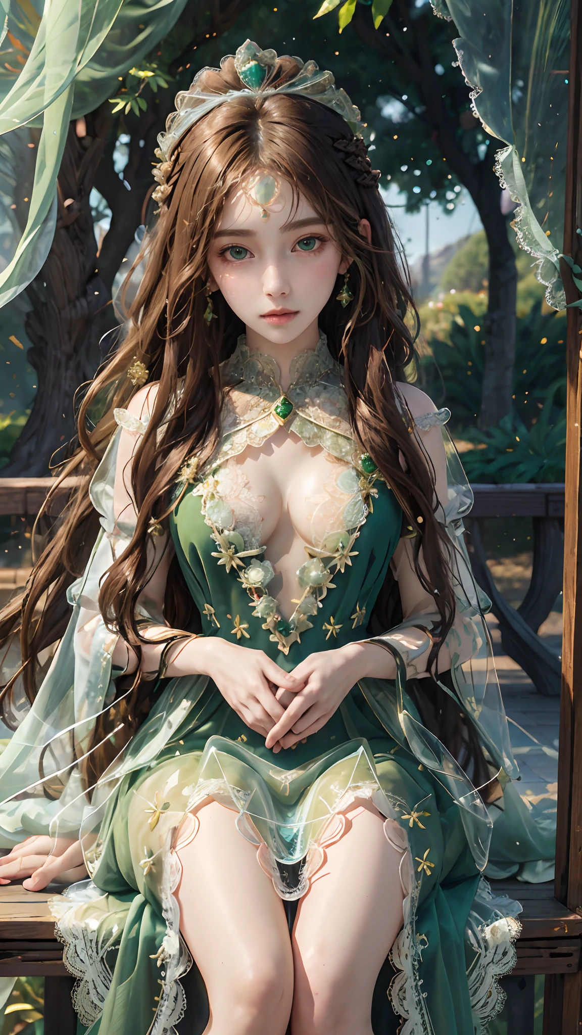 official art, unity 8k wallpaper, ultra detailed, beautiful and aesthetic, High quality, beautiful, masterpiece, best quality, 1 queen, small bust, (round bust:1.5) , (Long hair:1.5) , (zentangle, mandala, tangle, entangle:0.6) , (transparent dress:1.2) , (green Lace transparent:1.2) , (bare waist:1) , (covered breasts:1.2) , sitting
