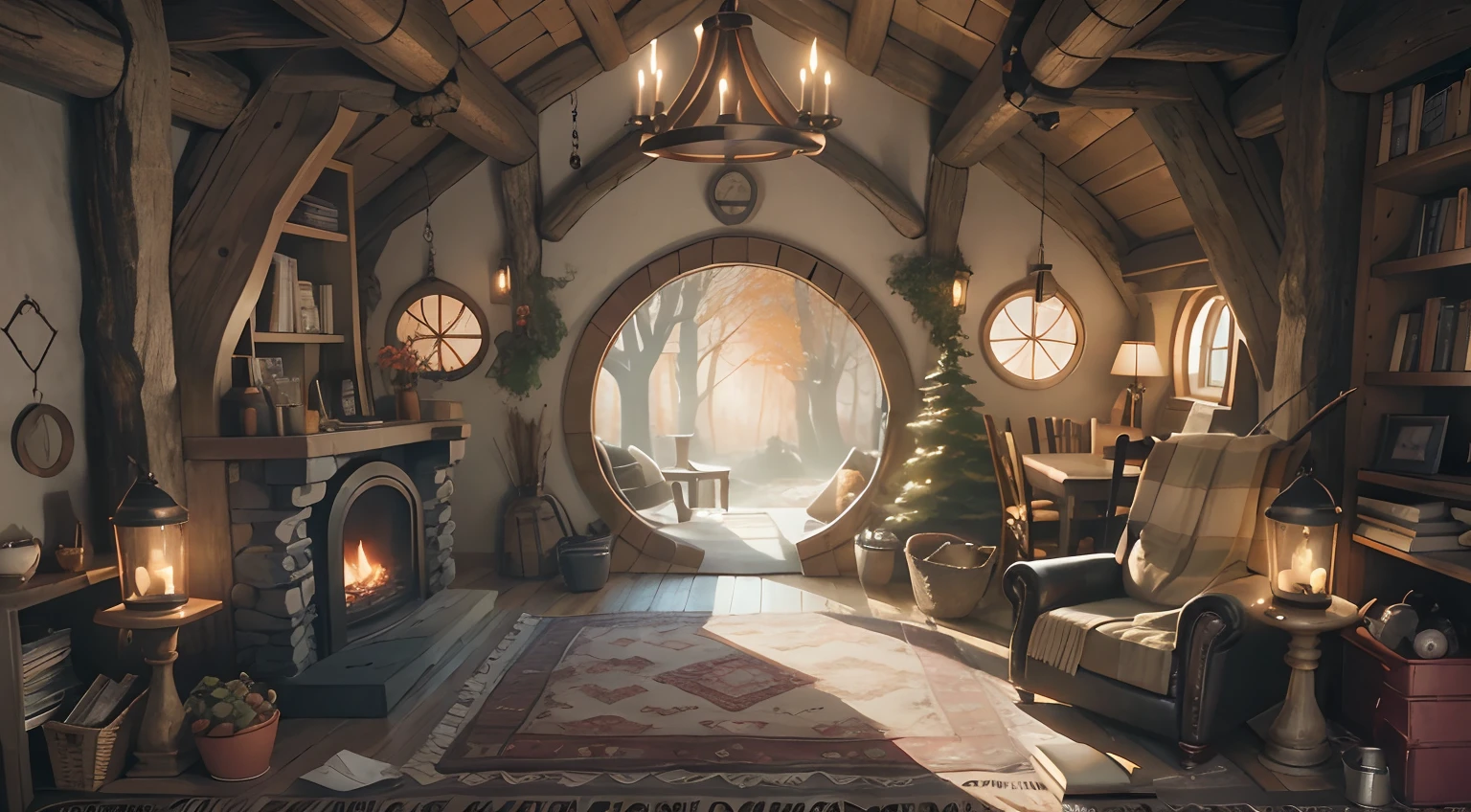 a cozy hobbit room in autumn, cozy autumn cloudy, interior with fireplace, there's a cozy bookshelf full of books, a cozy coffee can and a coffee cup, a pile of firewood