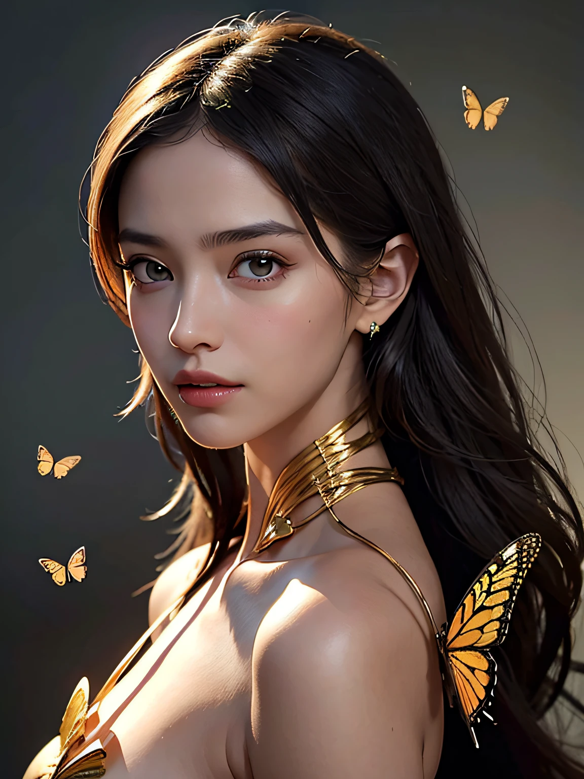 Delve into a world of raw photography and art with this stunning portrait of a cyborg, With elegant golden butterfly details and a fascinating side lighting effect. Los detalles intrincados y los elementos surrealistas, inspirado en las obras de Artgerm, Ruan Jia, y Greg Rutkowski, hacen de esta pieza una verdadera obra maestra.