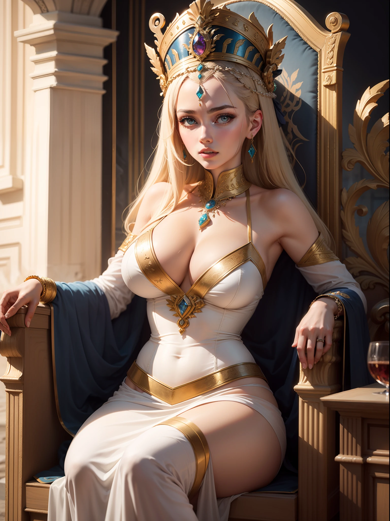 Masterpice, Suitable for the queen's illustration style, Create a majestic portrait of Aphrodite, Greece Goddess , beautiful face,sexy body, big breast, wearing silk Athens dress suitable for goddes, Decorated with ornate gold jewelry. Let her gaze radiate strength and wisdom,Because she wears an intricate headdress,It is set with dazzling gemstones, Bring the charm of ancient Greece to life in this palatial depiction,Sit on an ancient Athens -style throne