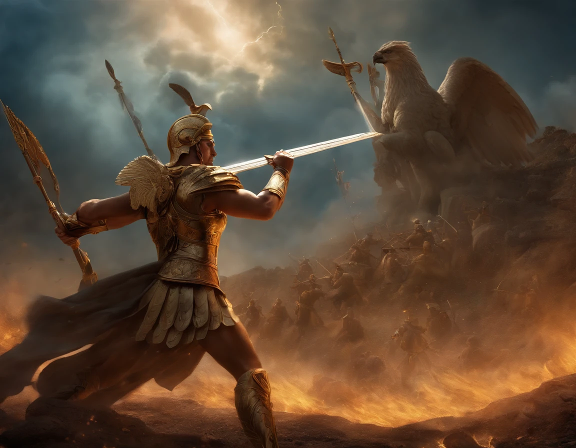 Create a detailed image of Athena in battle with her brother Apollo , no monte olimpo , com uma paisagem em hd ao fundo