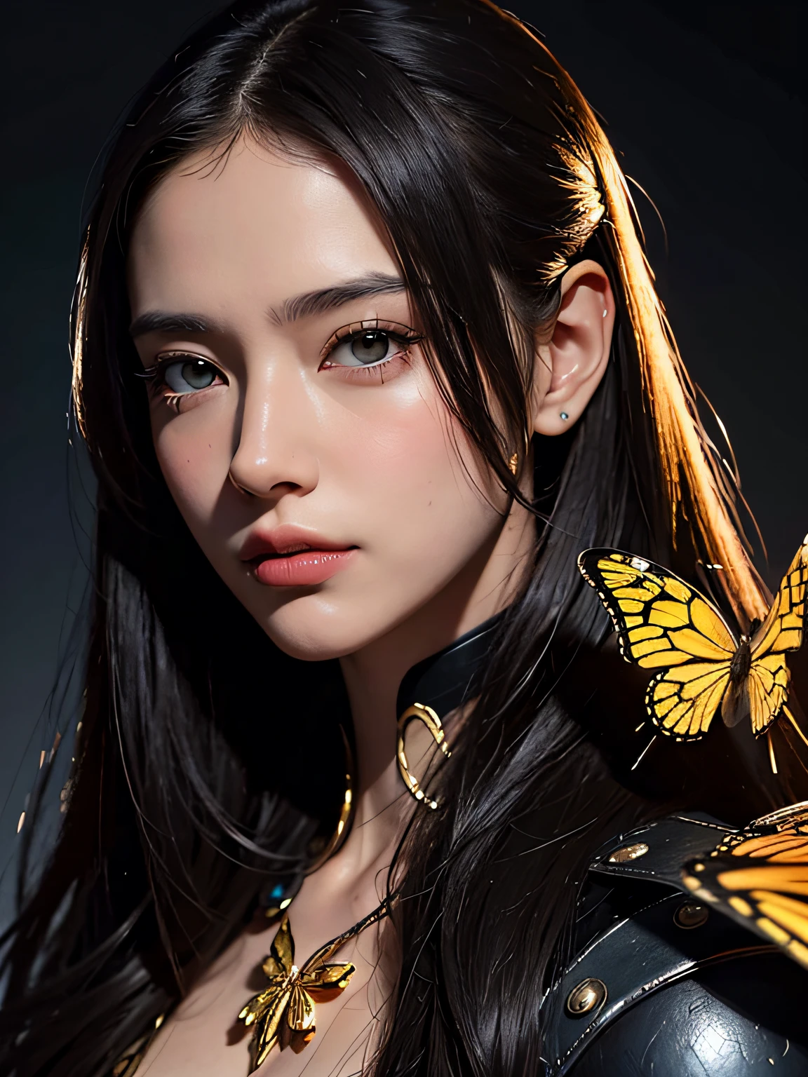 Step into a world of digital photography and art with this stunning portrait of a cyborg, With elegant golden butterfly details and a fascinating side lighting effect. Los detalles intrincados y los elementos surrealistas, inspirado en las obras de Artgerm, Ruan Jia, y Greg Rutkowski, hacen de esta pieza una verdadera obra maestra.