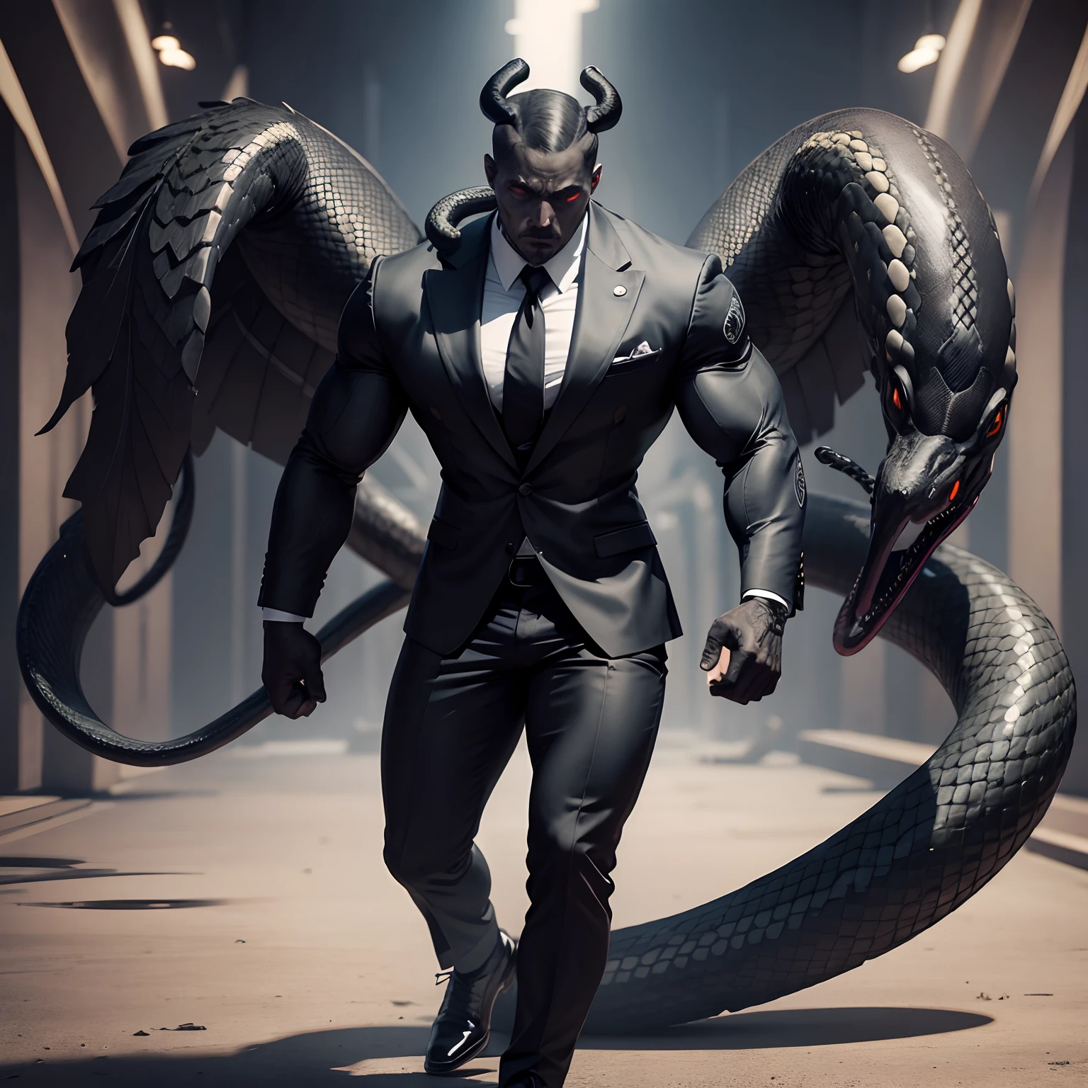 Humanoid  snake muscled ,  with a snake's head black with  a tail with 2 huge arms ,  in suit with a tie , full body