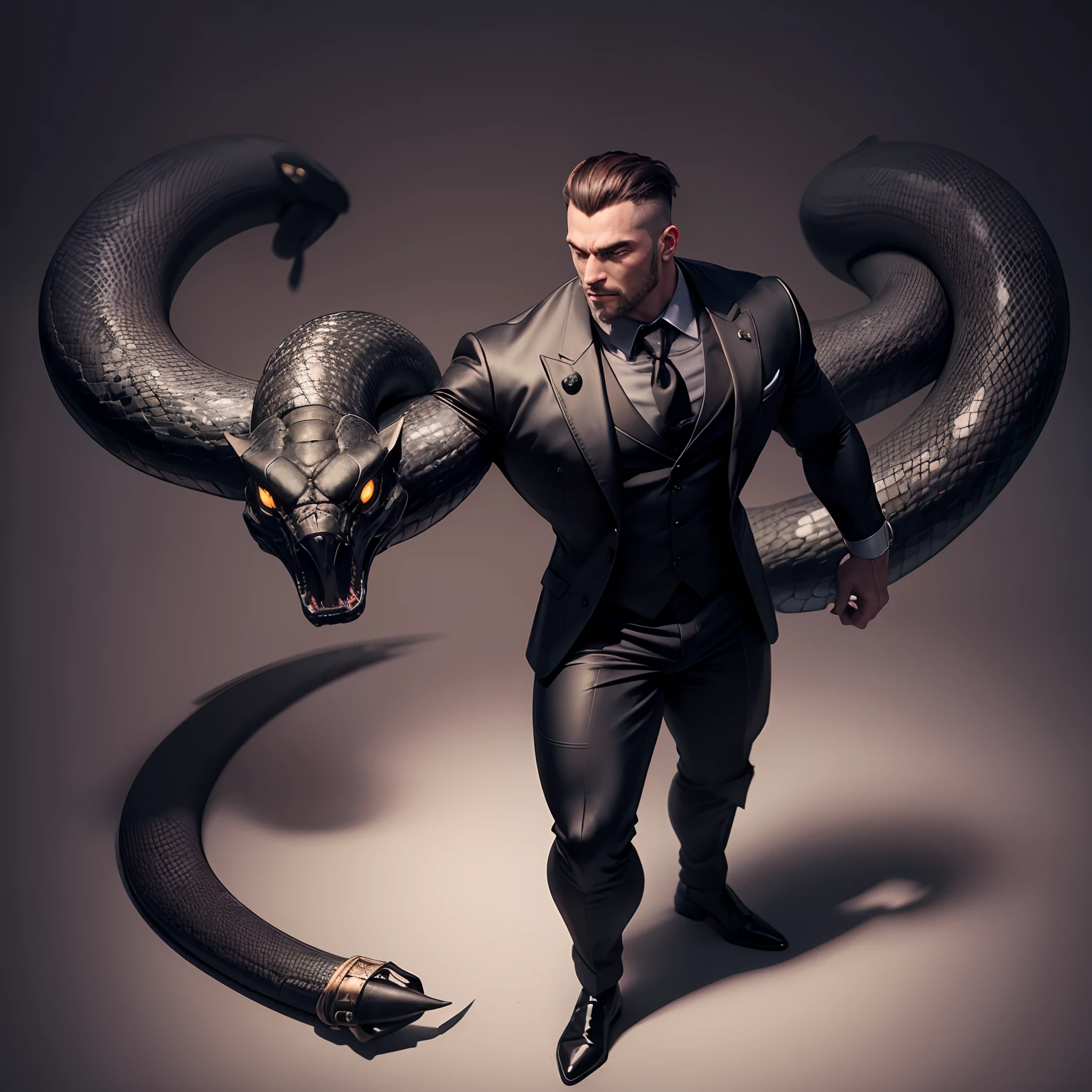 Humanoid snake muscled , with a snake's head black with a tail with 2 huge arms , in suit with a tie , full body