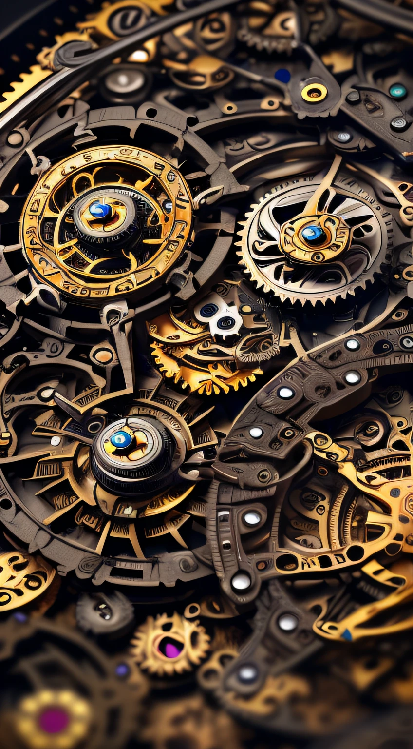 (an amazing wallpaper, macro view of a clockwork machine iris), cinematic lighting, (multicolor components, gears, cogs), otherworldly, (intricate details), (highest quality, RAW, hyperrealism, trending on ArtStation)