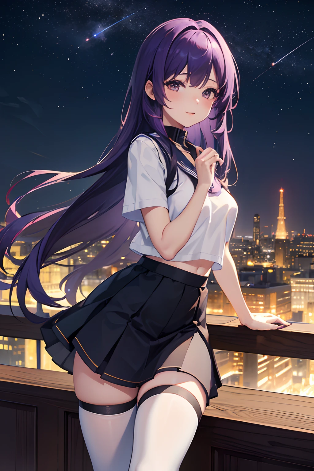 {Masterpiece,Best quality,offcial art,Extremely detailed Cg Unity 8K wallpaper}, Night, stars, Cityscape, Real, Huge_filesize, the wallpaper, Girl, Long hair, Purple hair, Disheveled hair, view the viewer, Laughing, Small breasts, serafuku, Miniskirt, White pantyhose,