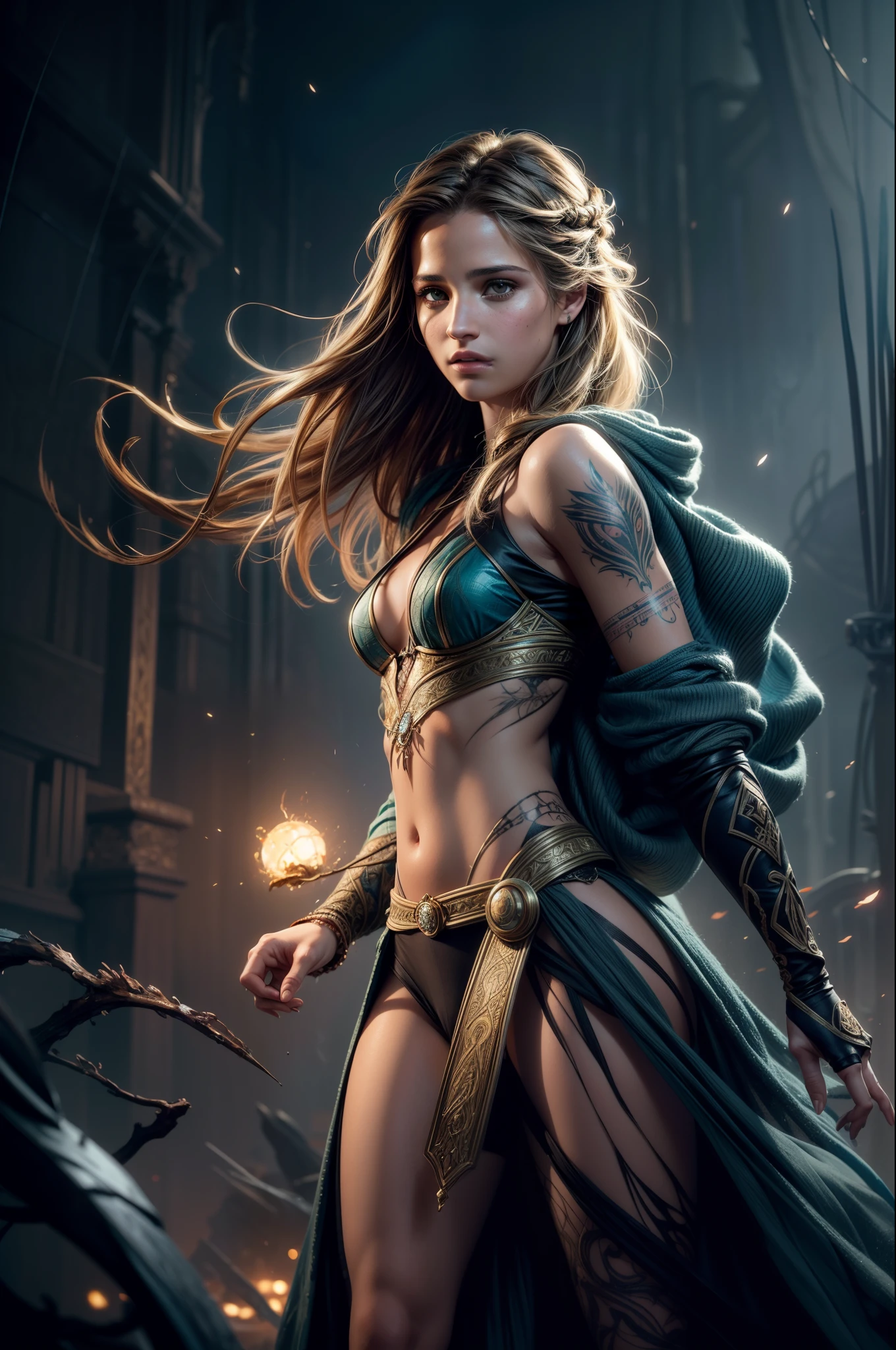 (Alicia Vikander:Elsa pataky), powerful sorceress,tribal tattoo, messy hair, Full body, Beautiful anime waifu style girl,hyperdetailed painting, luminism, art by Carne Griffiths and Wadim Kashin concept art, dark background, abstract beauty, approaching perfection, pure form, golden ratio, minimalistic, dark atmosphere, unfinished, concept art, by Brian Froud and Carne Griffiths and Wadim Kashin and John William Waterhouse, intricate details, 8k post production, high resolution, hyperdetailed, trending on artstation, sharp focus, studio photo, intricate details, highly detailed, by greg rutkowski