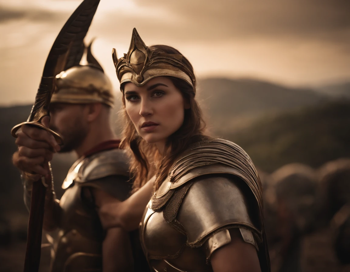 Create a detailed image of Athena in battle with her brother Apollo , no monte olimpo , com uma paisagem em hd ao fundo