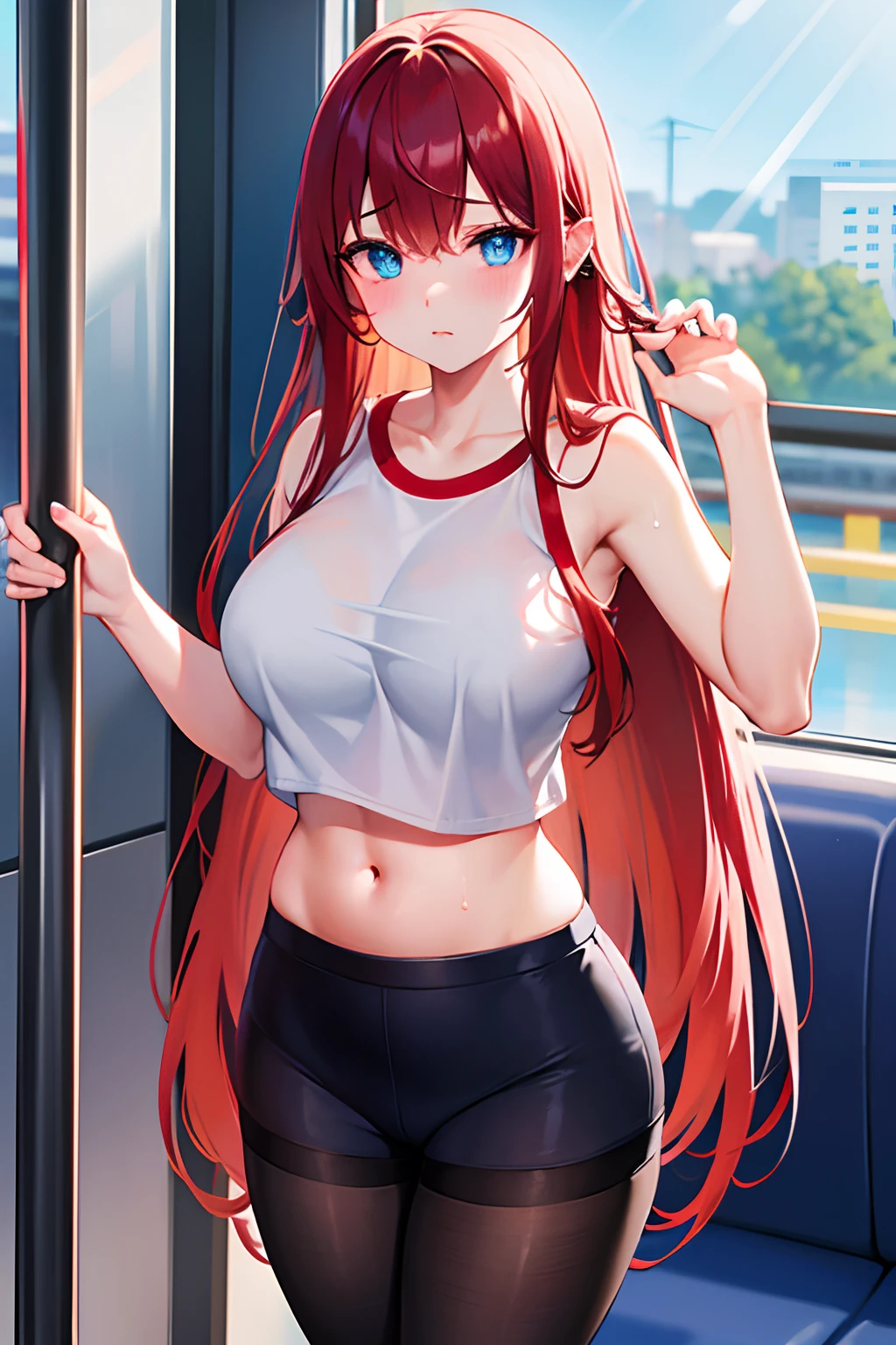 Reflection of the rising sun　On the train　is standing、full of sweat、School gym clothes　white colors、cyan colors　buruma、Black lace　pantyhose、Navel Ejection、 Red-haired　Wave Long Hair　Twin-tailed、Colossal tits　Whip whip、sapphire earrings、Blue eyes、embarassed face