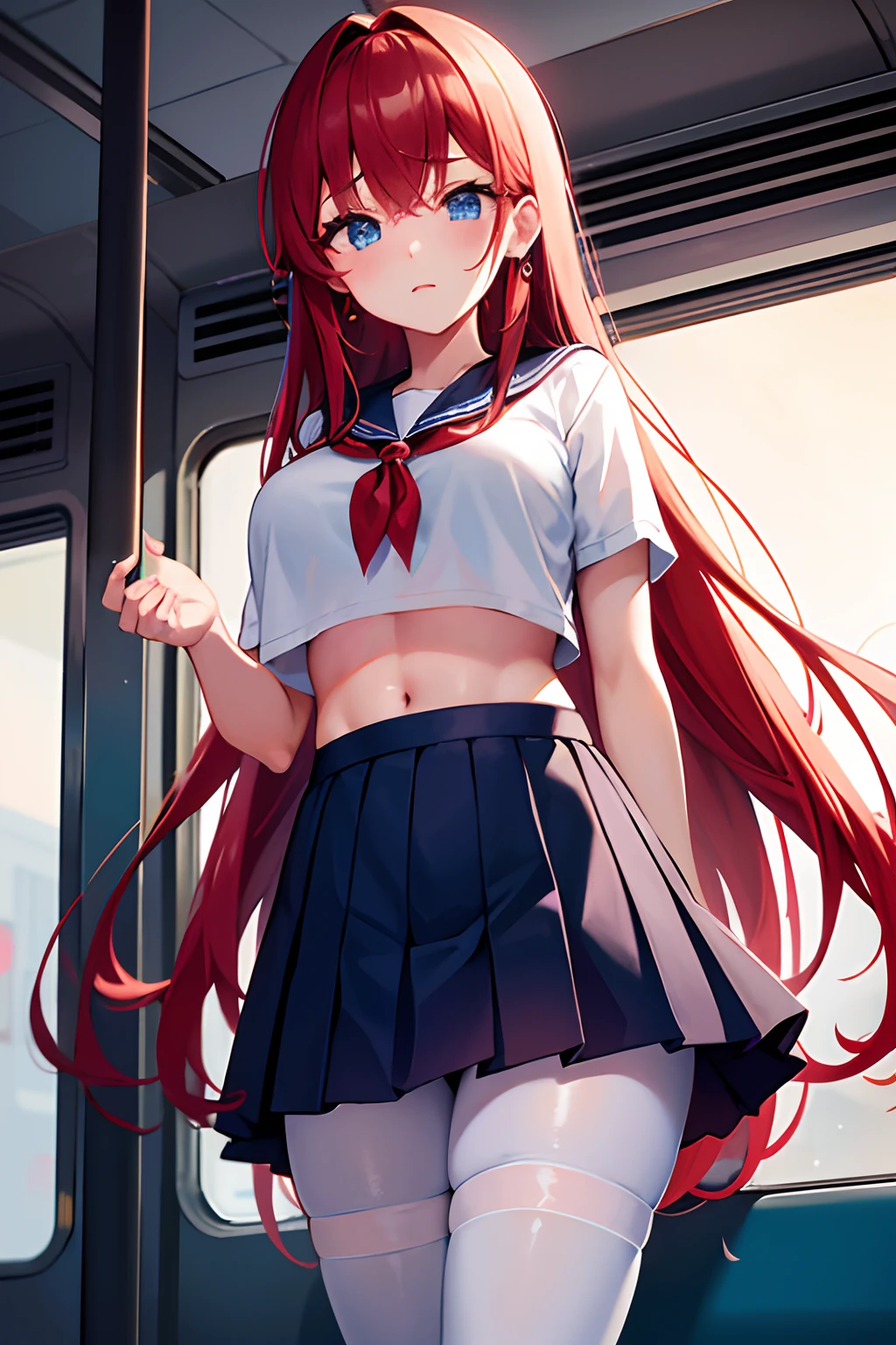 top-quality、lighting like a movie、Eroge illustration、anguished expression、High school girl being molested on a train、Eyes from below、ripped clothing、Small panties、