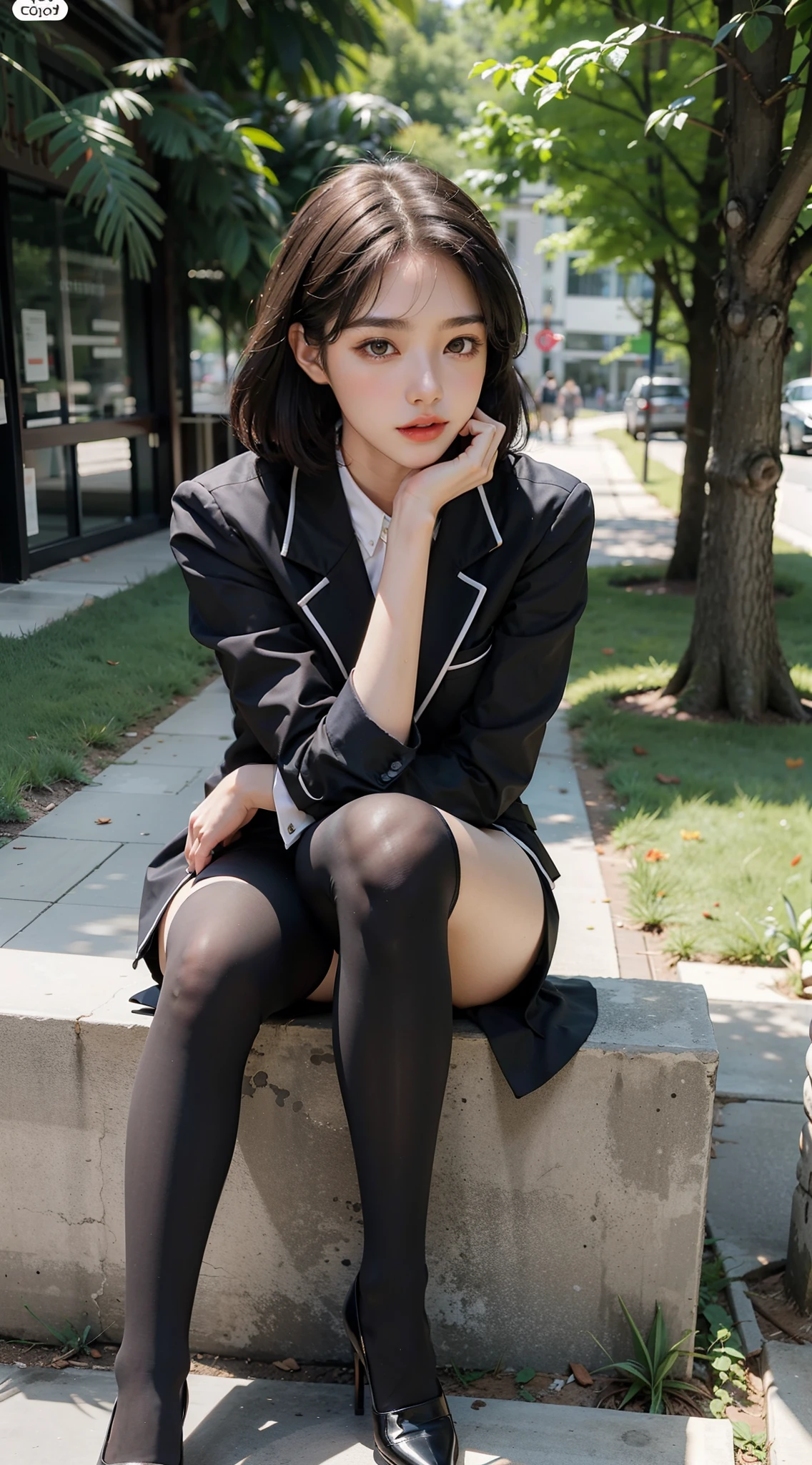 Best quality, full body portrait, delicate face, pretty face, 25 year old woman, slim figure, small bust, OL uniform, office clothes, black stockings, outdoor scene, sitting position