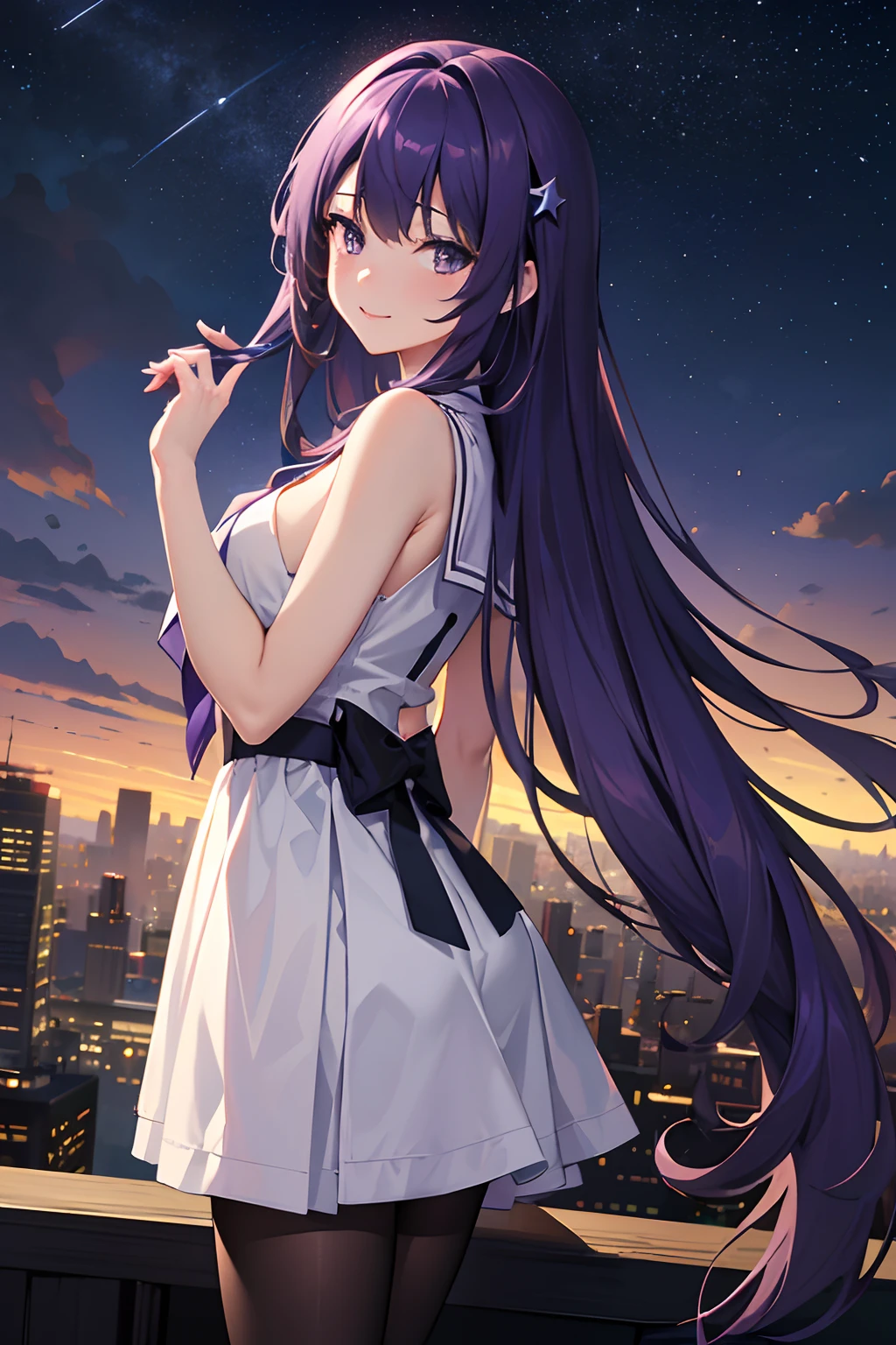 {Masterpiece,Best quality,offcial art,Extremely detailed Cg Unity 8K wallpaper}, Night, stars, Cityscape, Real, Huge_filesize, the wallpaper, Girl, Long hair, Purple hair, Disheveled hair, view the viewer, Laughing, Small breasts, serafuku, Miniskirt,  White pantyhose,