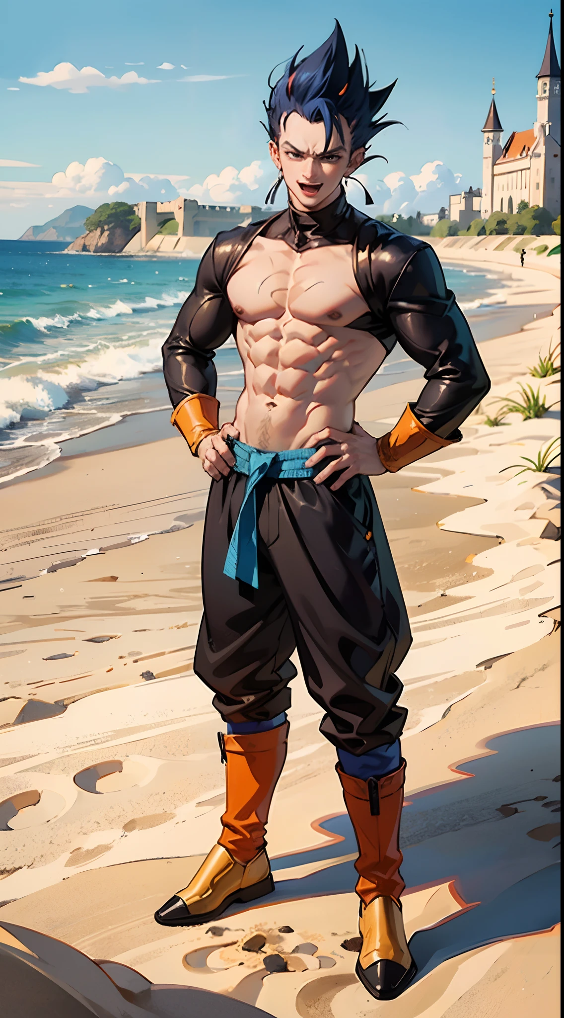 masterpiece, bestquality, bara, Vegeta, Orange Hair, blue hair, :D,Orange Gragon Ball Set, looking at the audience, outdoor, sand, dune, Large Castle, diadem, stand, Full body, cowboy shot, hands on hips,