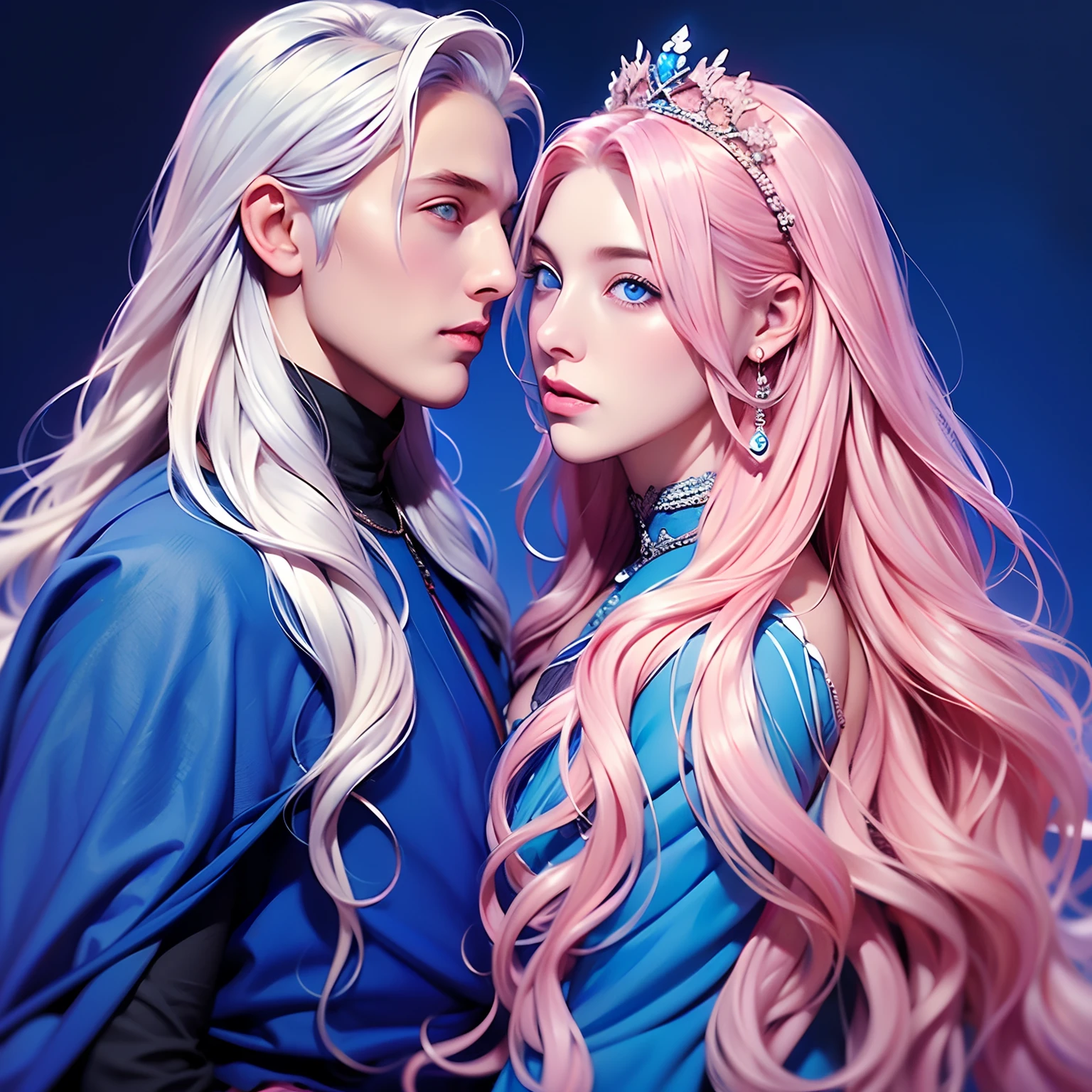 (Woman near man)(and Woman, pink hair, long curly hair, blue eyes)(boy, boy, man, strong, white hair, long hair, blue eyes) (medieval background, queen and king)