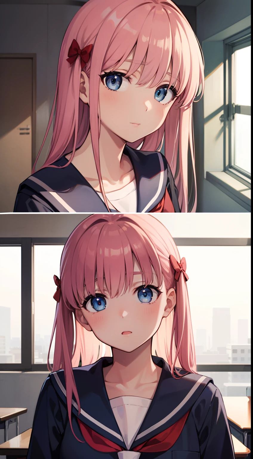 nodokaharamura, Haramura Notoka, Blue eyes, Hair accessories hair bye, Long hair, Pink hair, bow,
Break the blue skirt, Kiyosumi school uniform, Pleated skirt, school uniform, serafuku, Skirt,
BREAK looking at viewer,
Break indoors, Classroom,
Break (Masterpiece:1.2), Best quality, high resolution, Unity 8k wallpaper, (illustration:0.8), (Beautiful detailed eyes:1.6), Extremely detailed face, Perfect lighting, Extremely detailed CG, (Perfect hands, Perfect anatomy),
