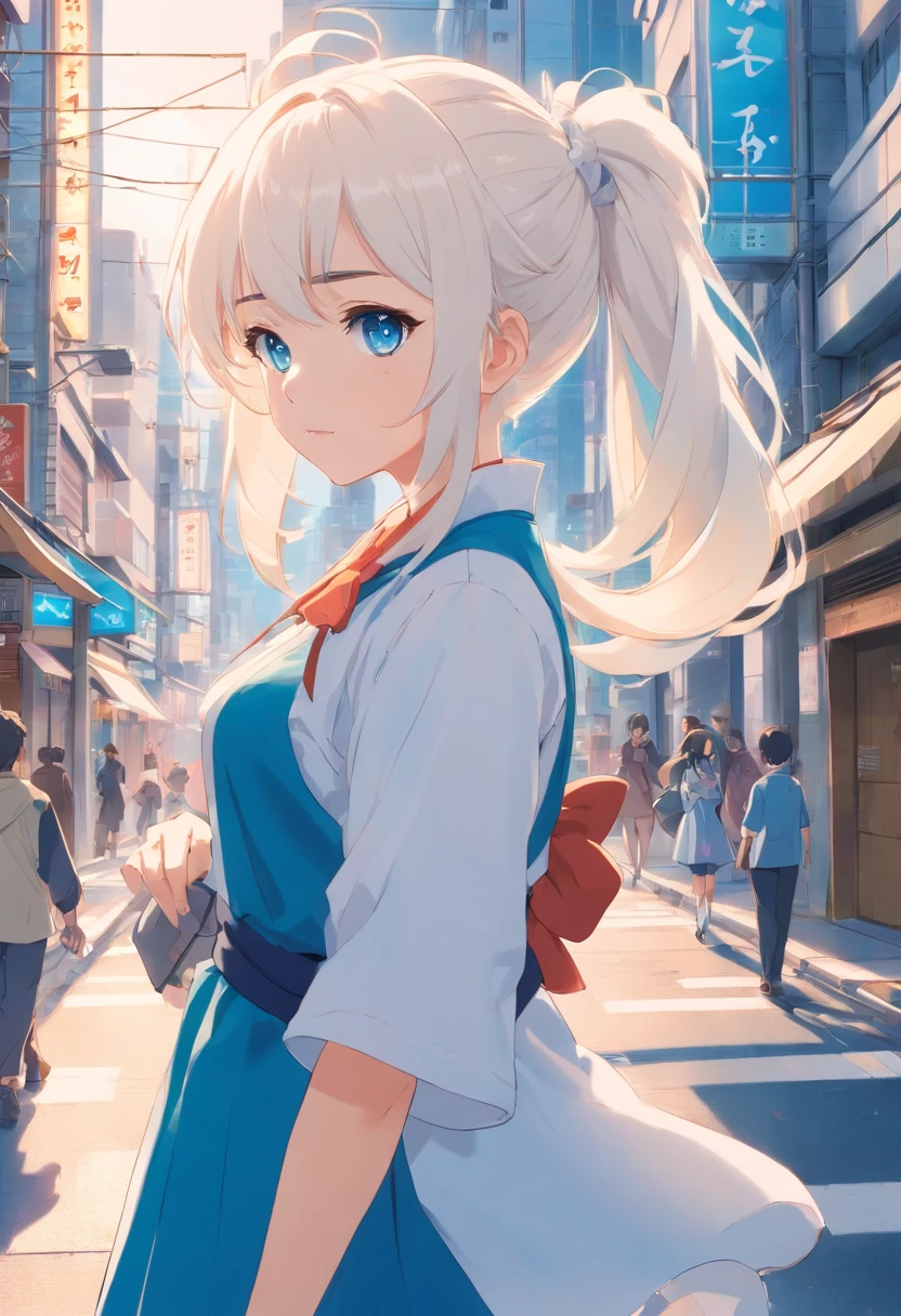 White color hair，Double ponytail curls，blue color eyes，White Lolita，Beth，A bustling city street