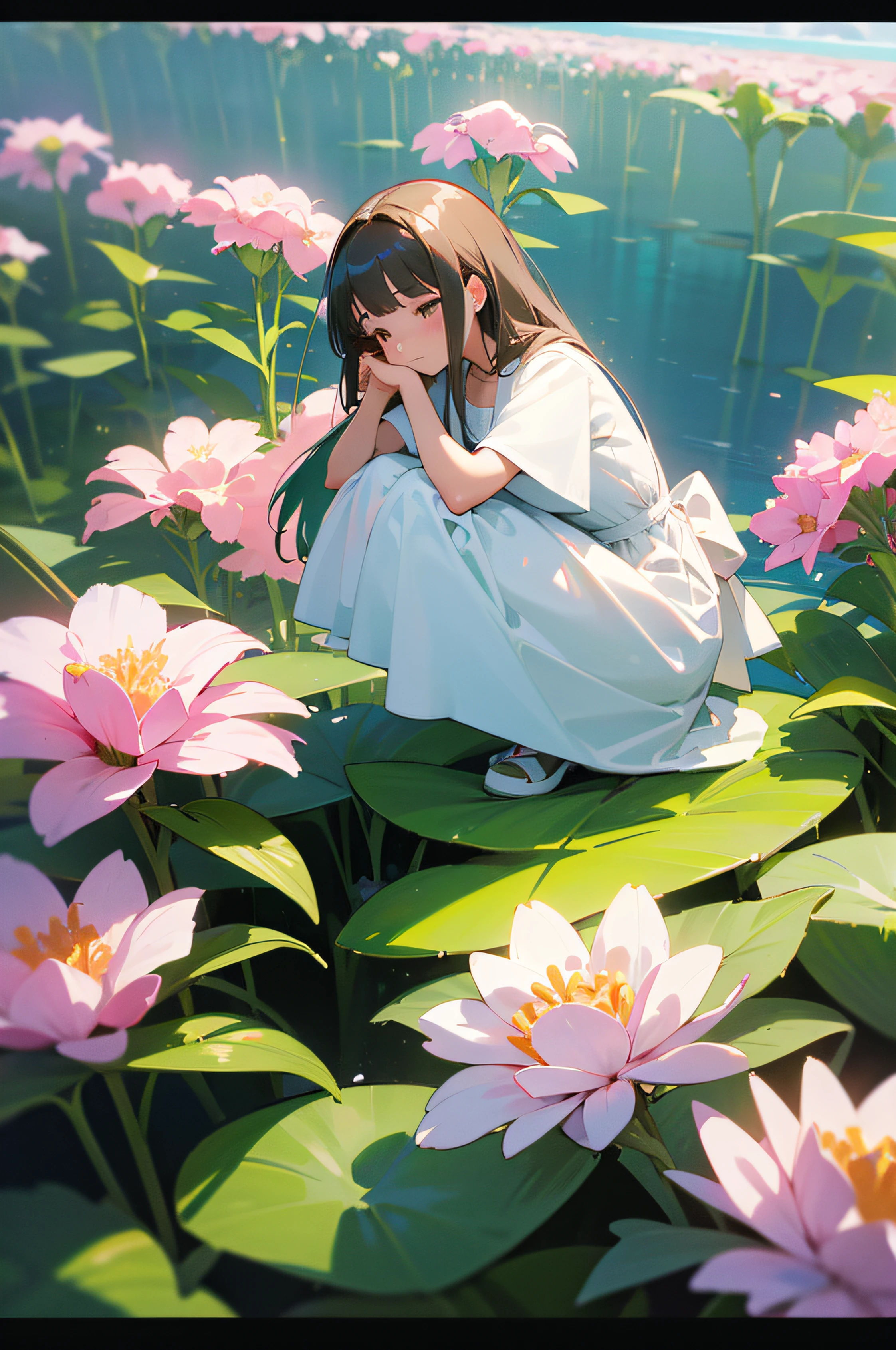 A girl who lowers her head and sniffs the fragrance of flowers,Squatting in a sea of flowers in a white dress,Surrounded by flowers,wide angles,by Pixar,3D,8K,((Best quality at best)) --auto