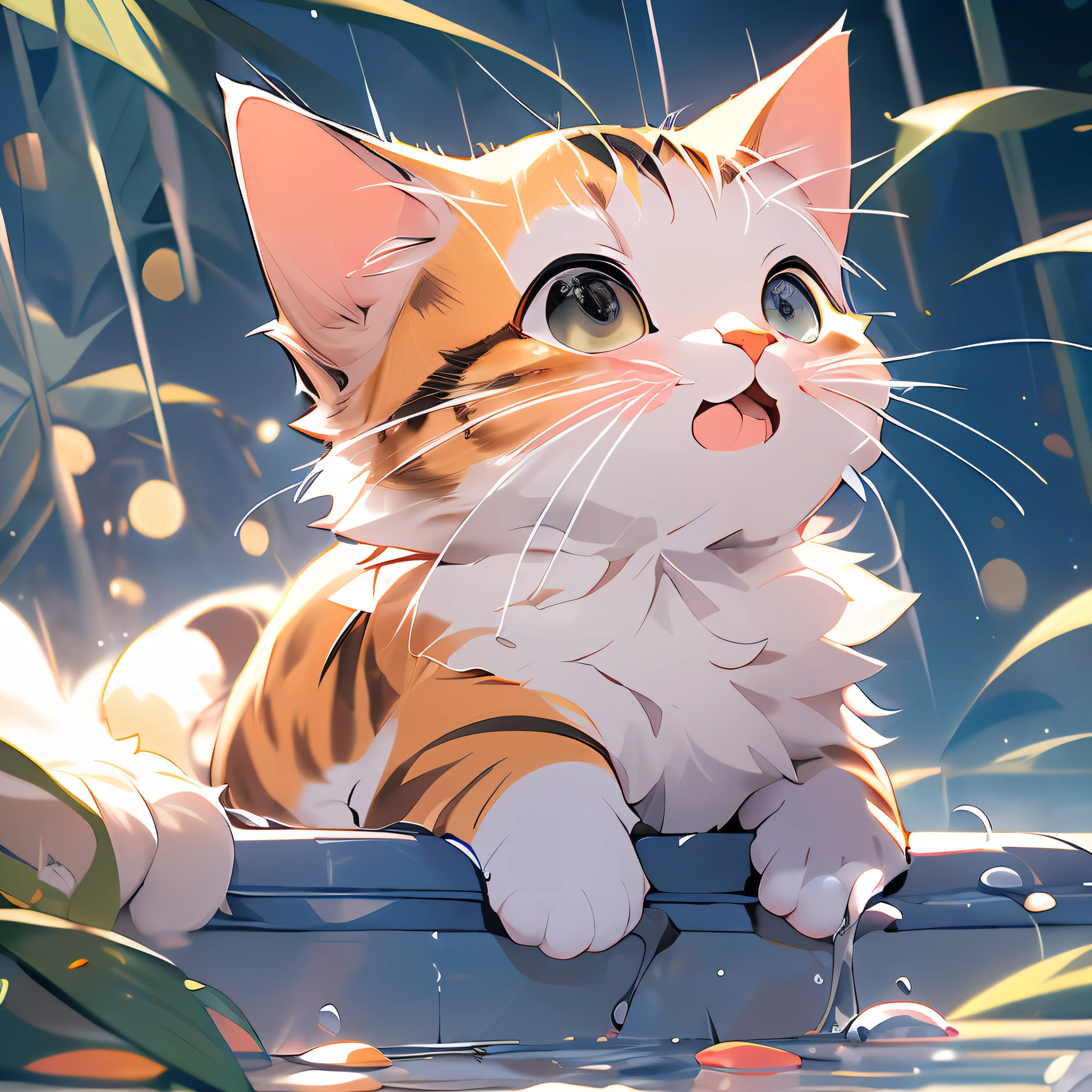 ,(Masterpiece:1.2, High quality),
No Man, cat, :3, Animal focus, Animal, simplebackground, view the viewer, Crying, greybackground, Touched,Soft lines,Soft light,Catch big fish,rainwater,soft filter,Background bokeh