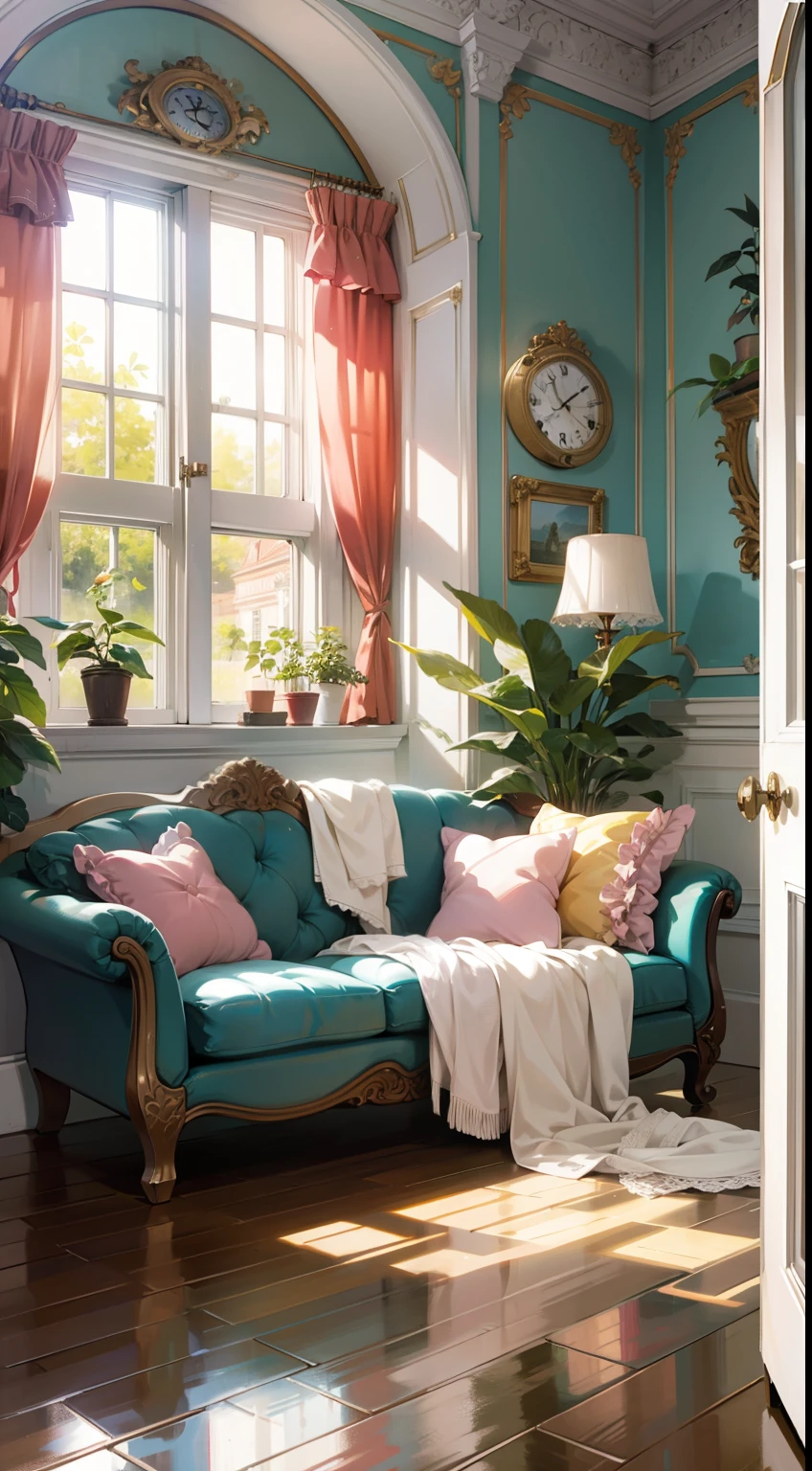 girl's room, French window, sofa, wall clock, pastel colors, stuffed animals, houseplants,(tmasterpiece, high resolution)