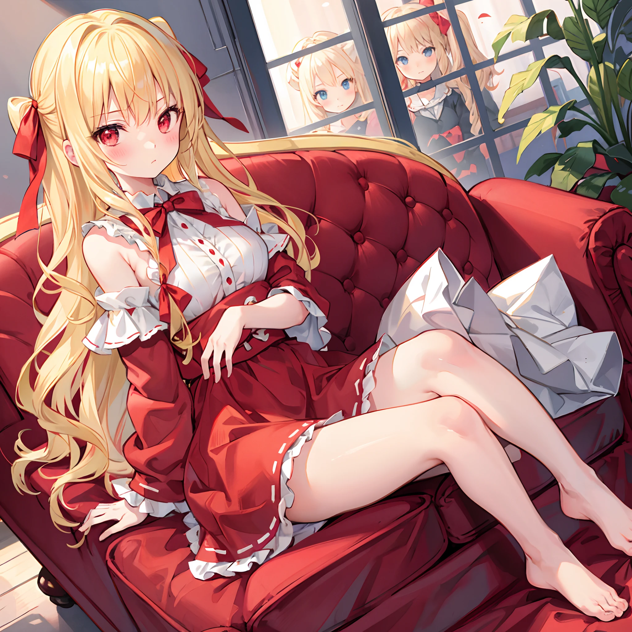 red blush、Wavy blonde hair、red eyes、Beautiful girl alone、animesque、独奏、Bright red dress、legs crossed、A sexy