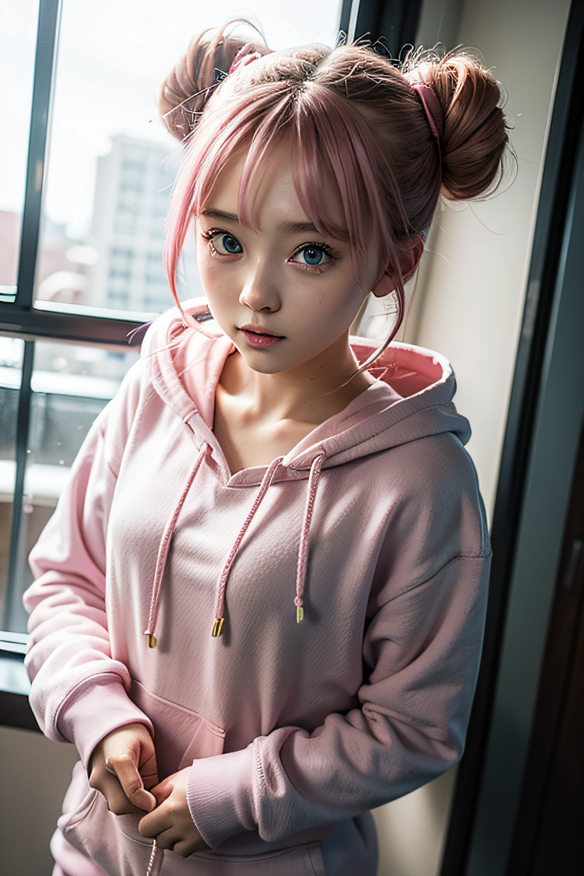 detailed Blue eyes, eighteen year old anime girl, wearing a pastel pink hoodie, cute anime girl, pink hair, 2 buns, pink sweatpants