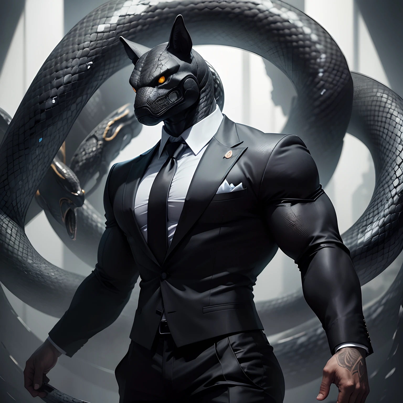 Humanoid snake muscled , with a snake's head black with a tail with 2 huge arms , in suit with a tie , full body