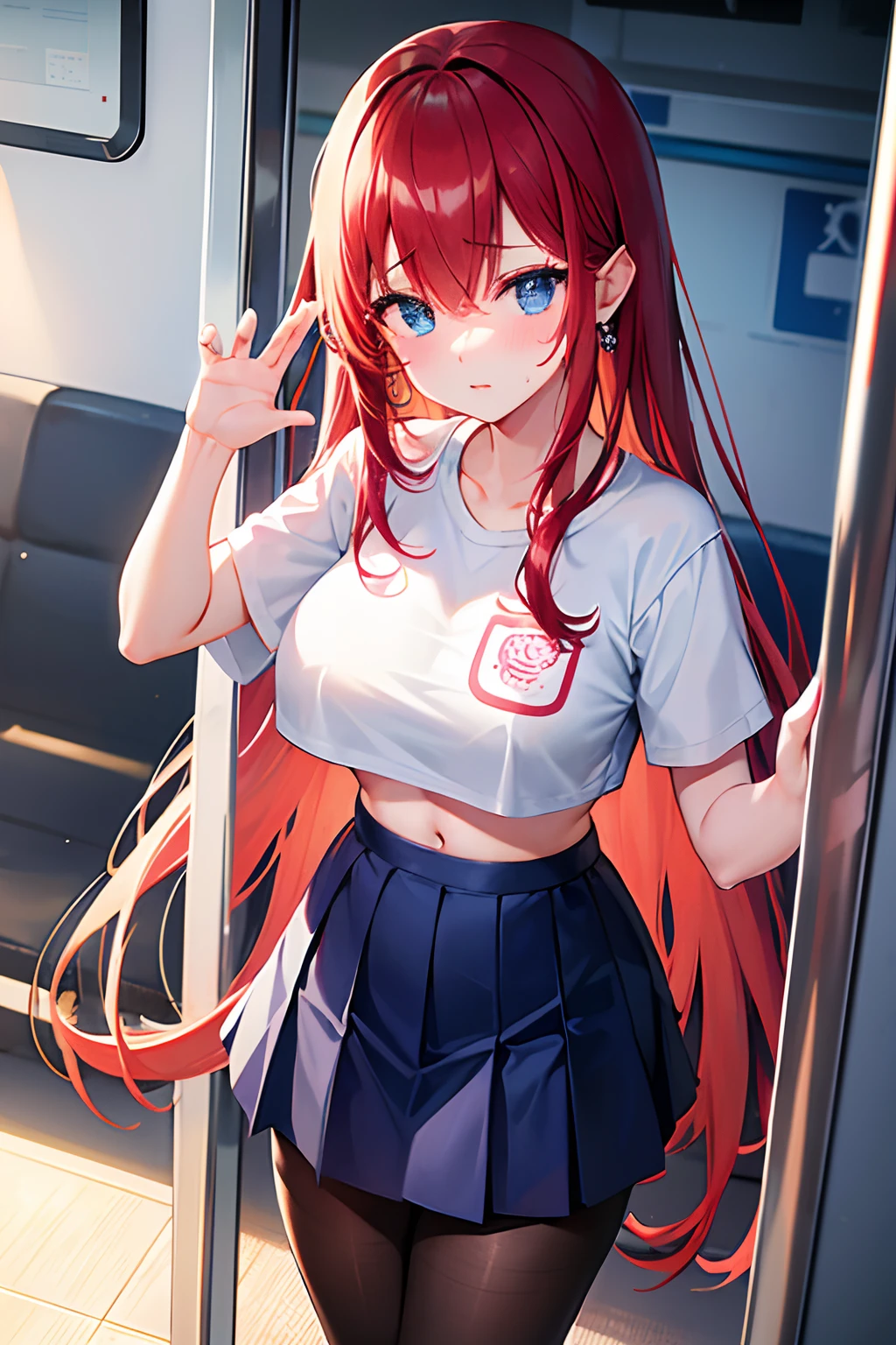 Reflection of the rising sun　On the train　is standing、full of sweat、School gym clothes　white colors、cyan colors　buruma、Black lace　pantyhose、Navel Ejection、 Red-haired　Wave Long Hair　Twin-tailed、Colossal tits　Whip whip、sapphire earrings、Blue eyes、embarassed face